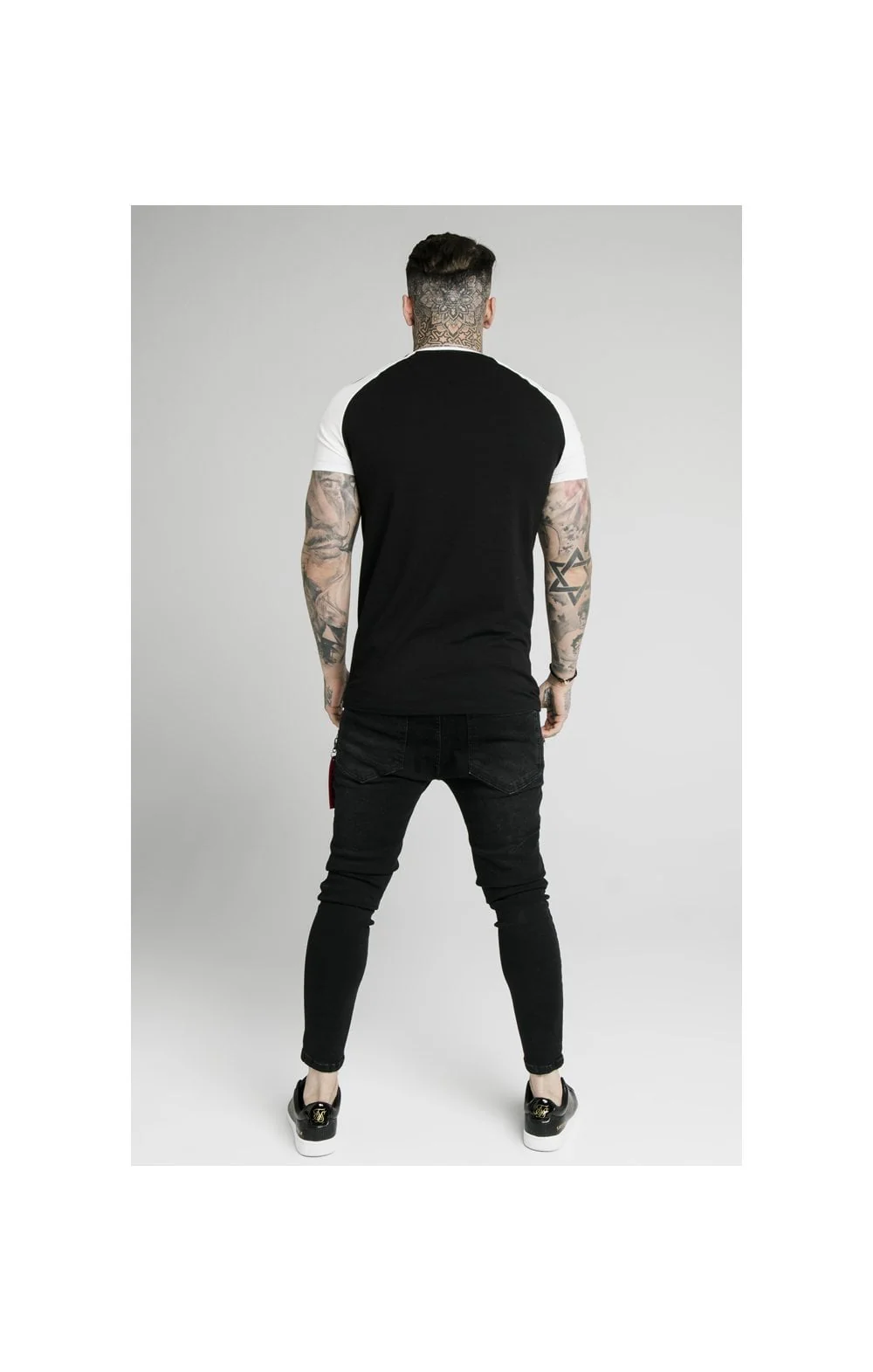 SikSilk S/S Raglan Premium Tape Gym Tee - Black & Off White - Image 6