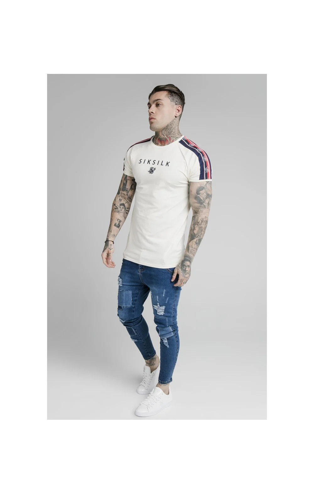 SikSilk S/S Raglan Retro Tape Gym Tee - Off White - Image 4