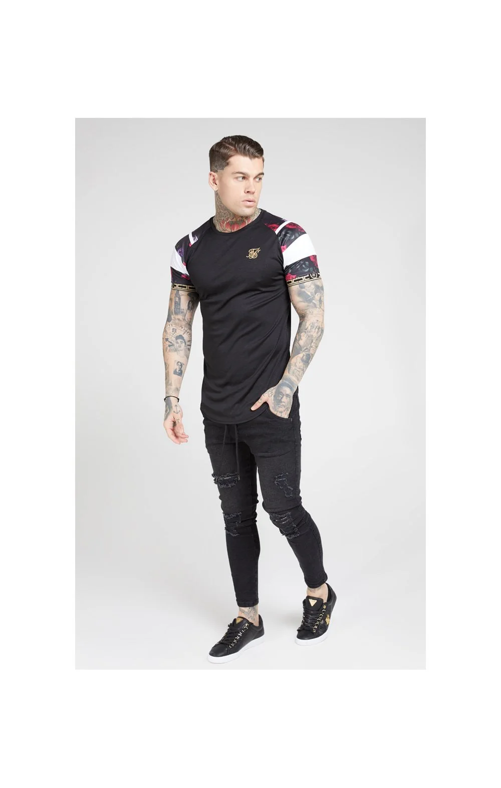 SikSilk S/S Raglan Sprint Tape Tee - Black & Oil Paint - Image 3