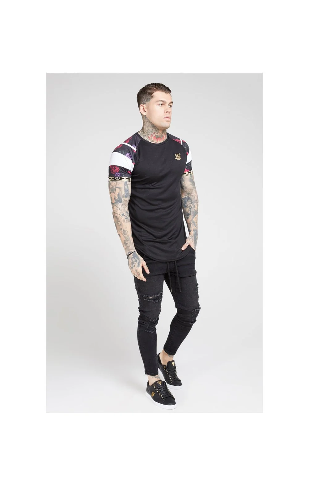 SikSilk S/S Raglan Sprint Tape Tee - Black & Oil Paint - Image 4