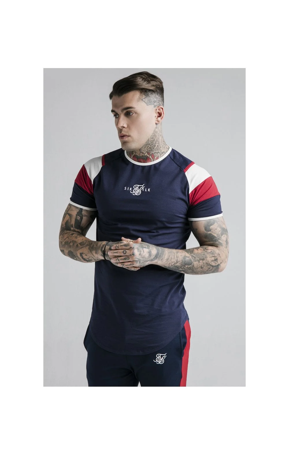 SikSilk S/S Retro Sprint Gym Tee - Navy,Red & Off White