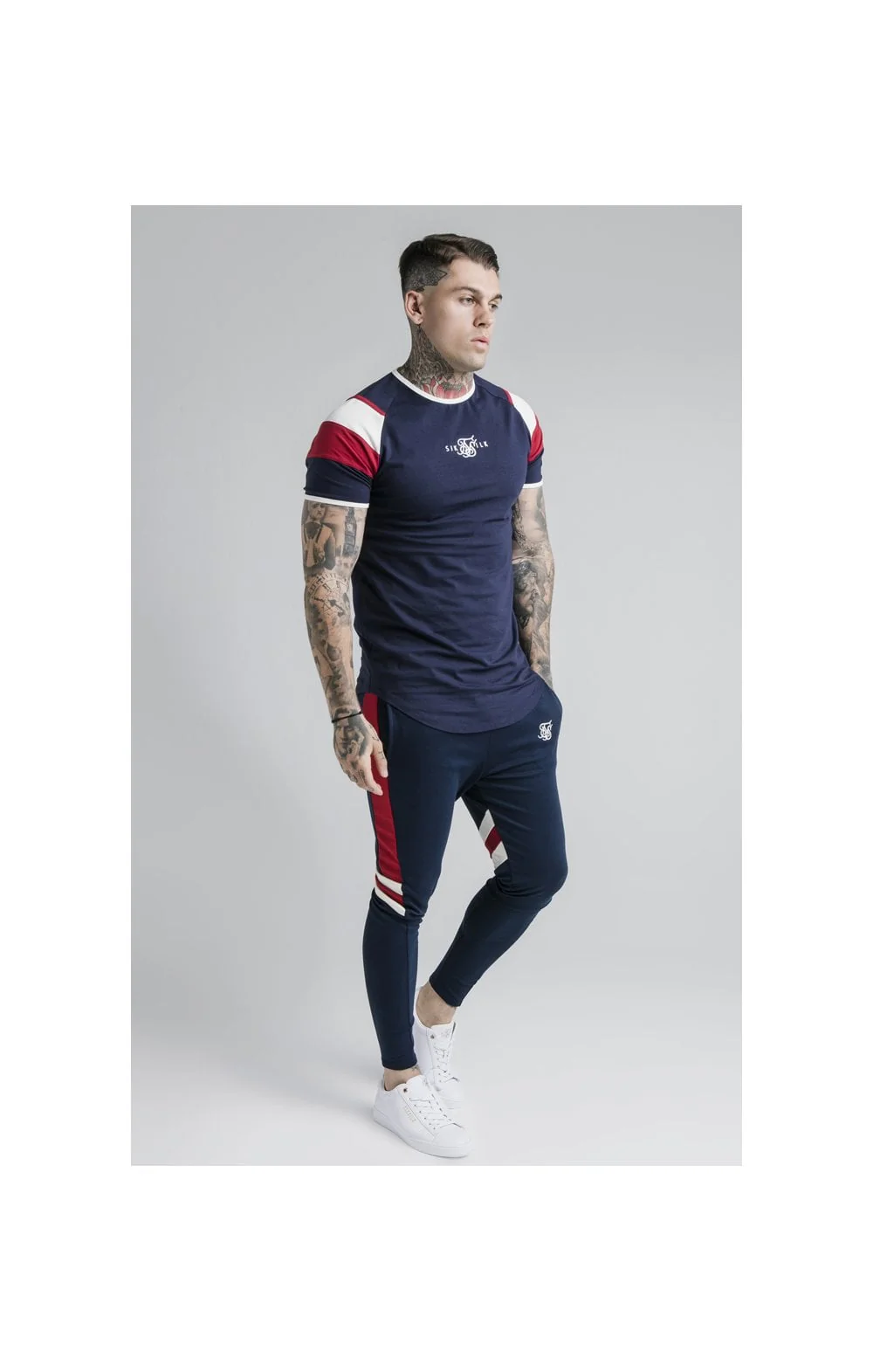 SikSilk S/S Retro Sprint Gym Tee - Navy,Red & Off White - Image 3