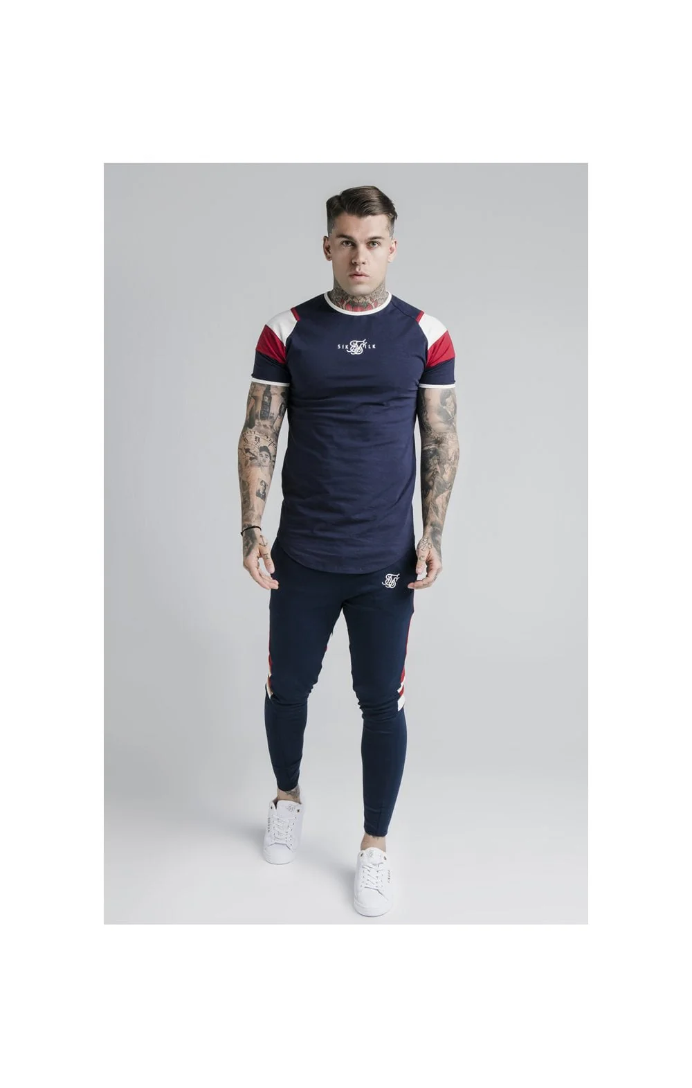 SikSilk S/S Retro Sprint Gym Tee - Navy,Red & Off White - Image 4