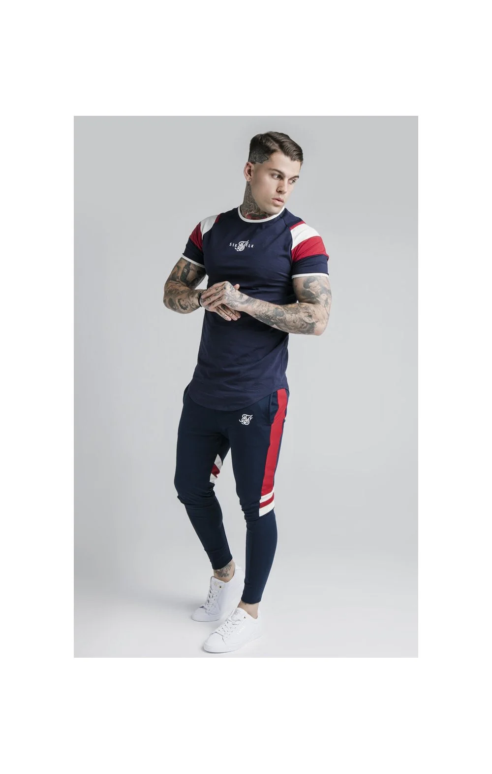 SikSilk S/S Retro Sprint Gym Tee - Navy,Red & Off White - Image 6
