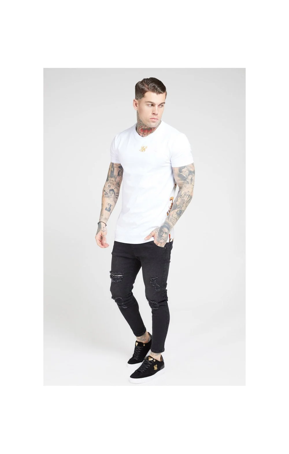 SikSilk S/S Reverse Collar Tee – White & Floral Elegance - Image 3