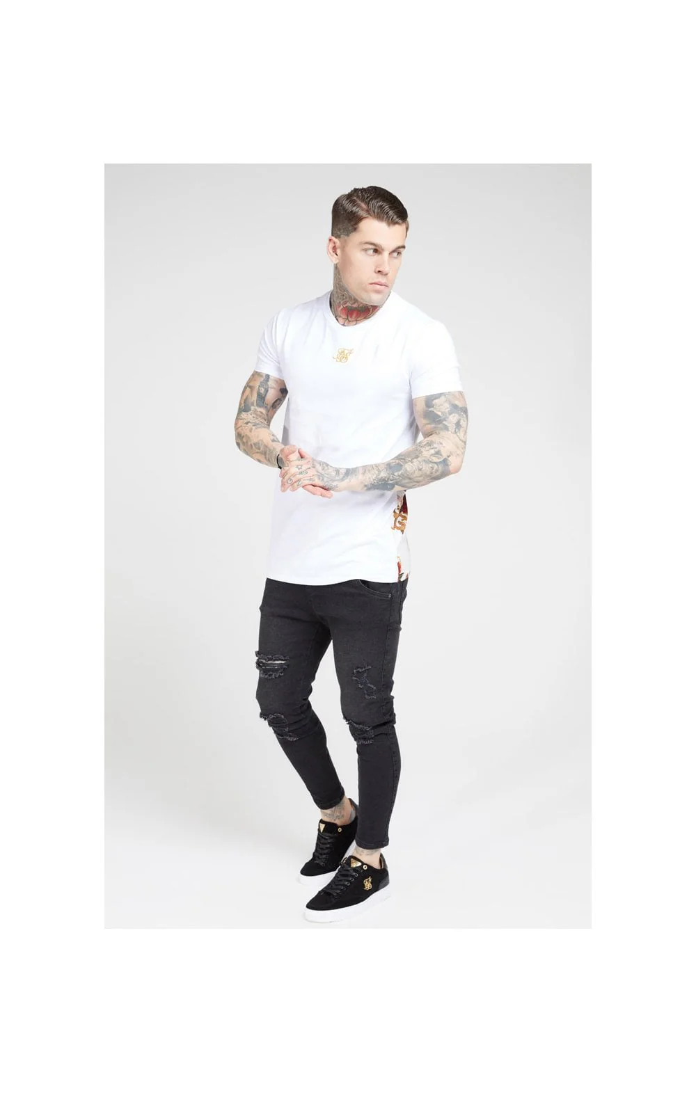 SikSilk S/S Reverse Collar Tee – White & Floral Elegance - Image 4
