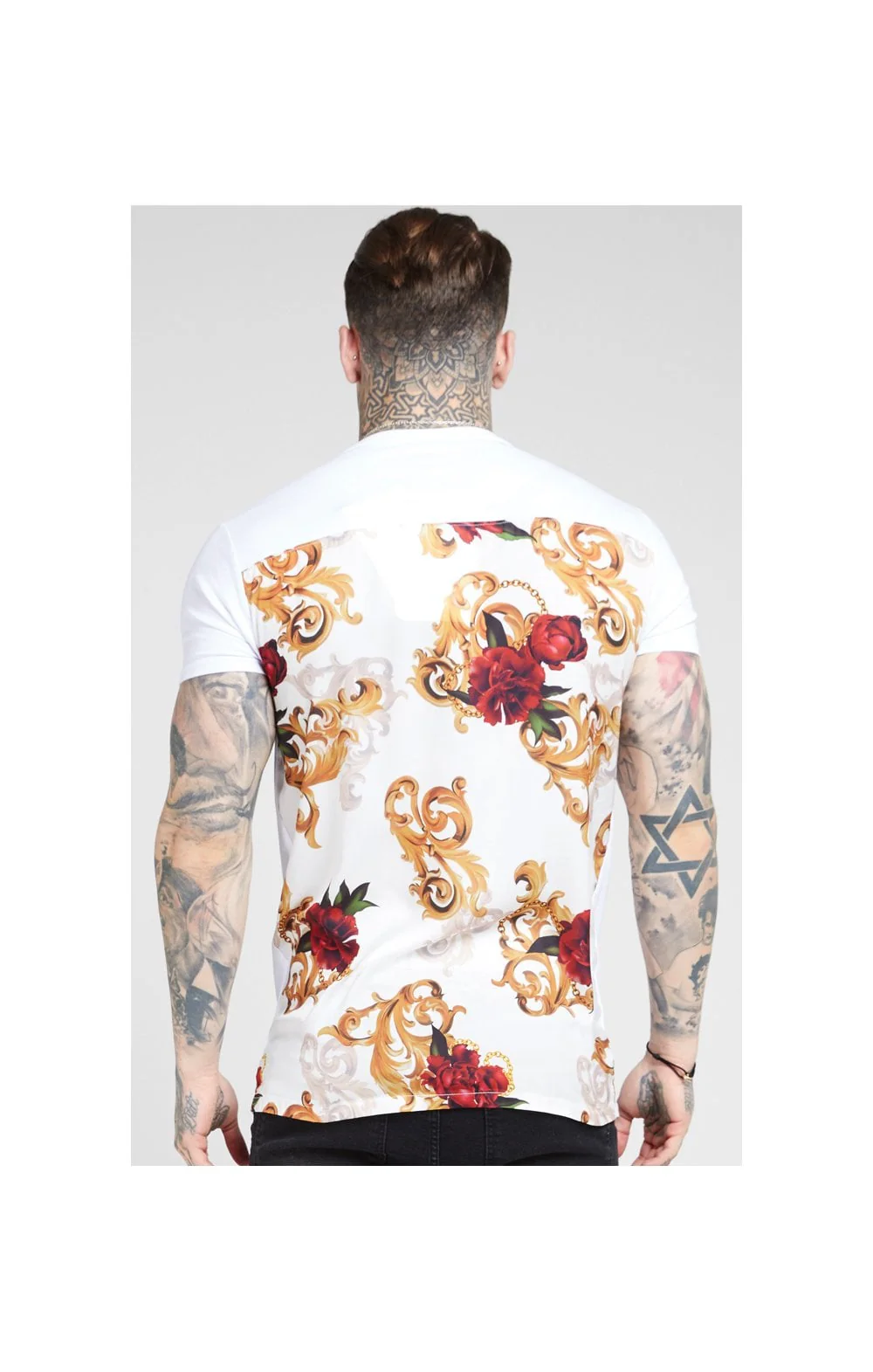 SikSilk S/S Reverse Collar Tee – White & Floral Elegance - Image 5
