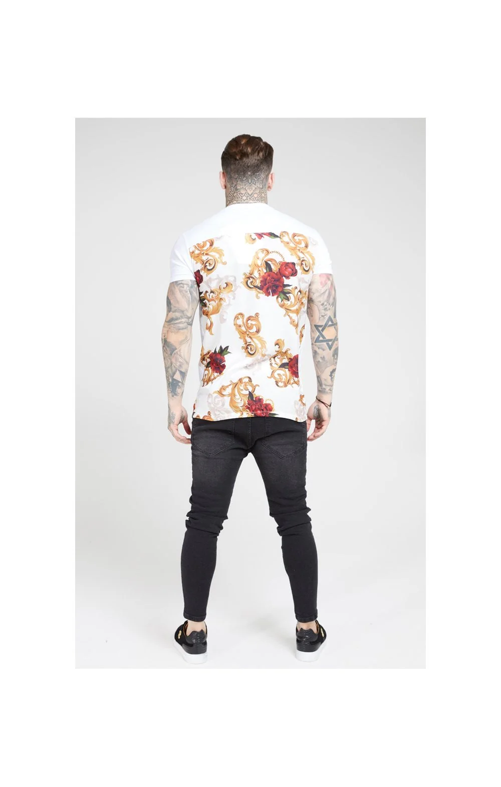 SikSilk S/S Reverse Collar Tee – White & Floral Elegance - Image 6