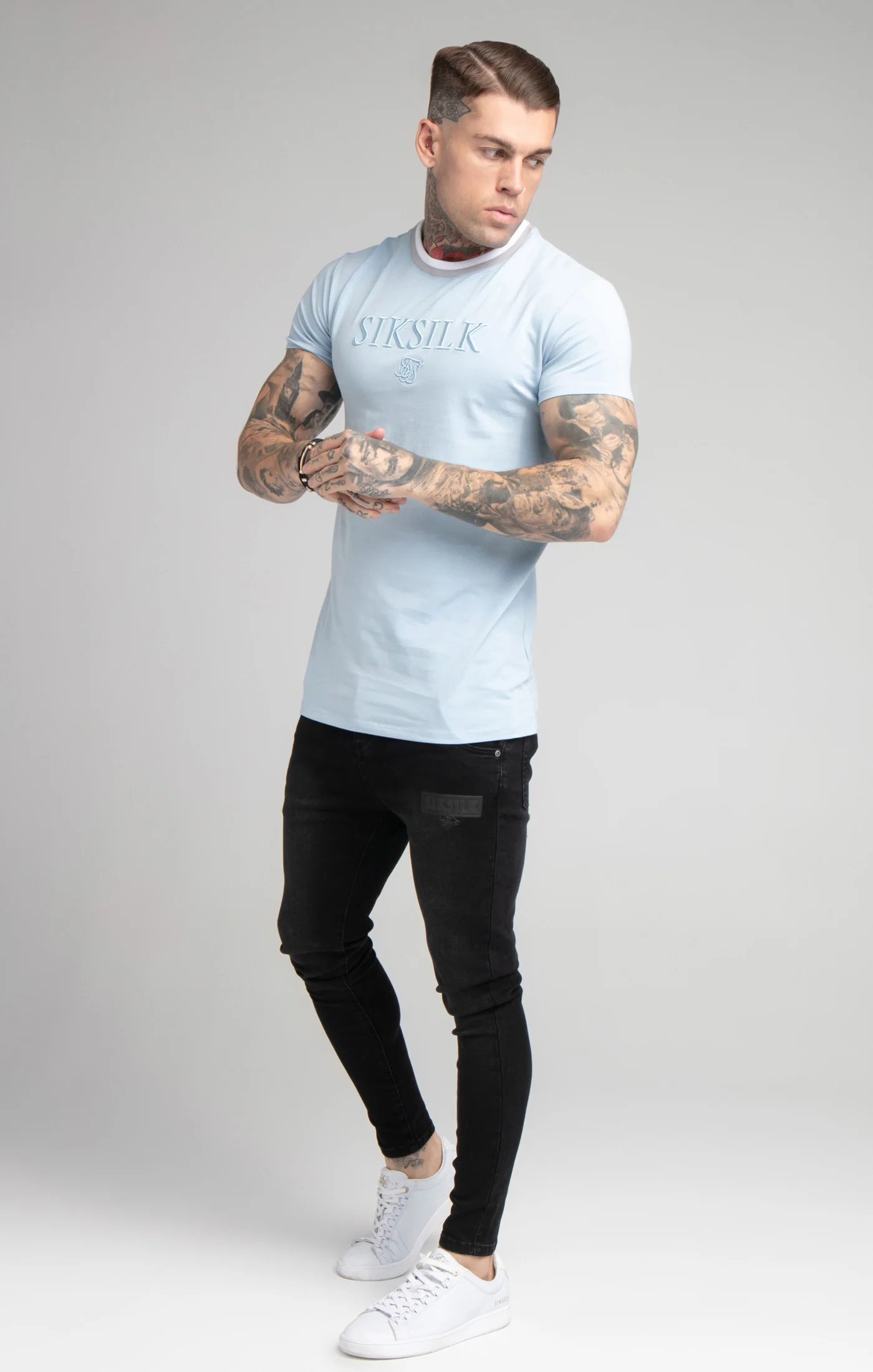 Blue Rib Collar Muscle Fit T-Shirt - Image 3