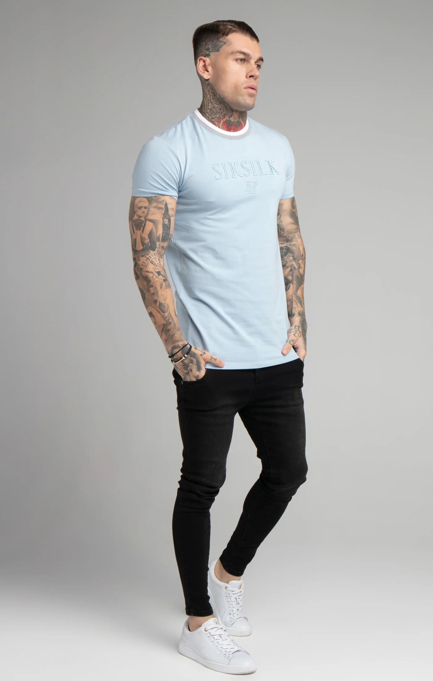 Blue Rib Collar Muscle Fit T-Shirt - Image 4
