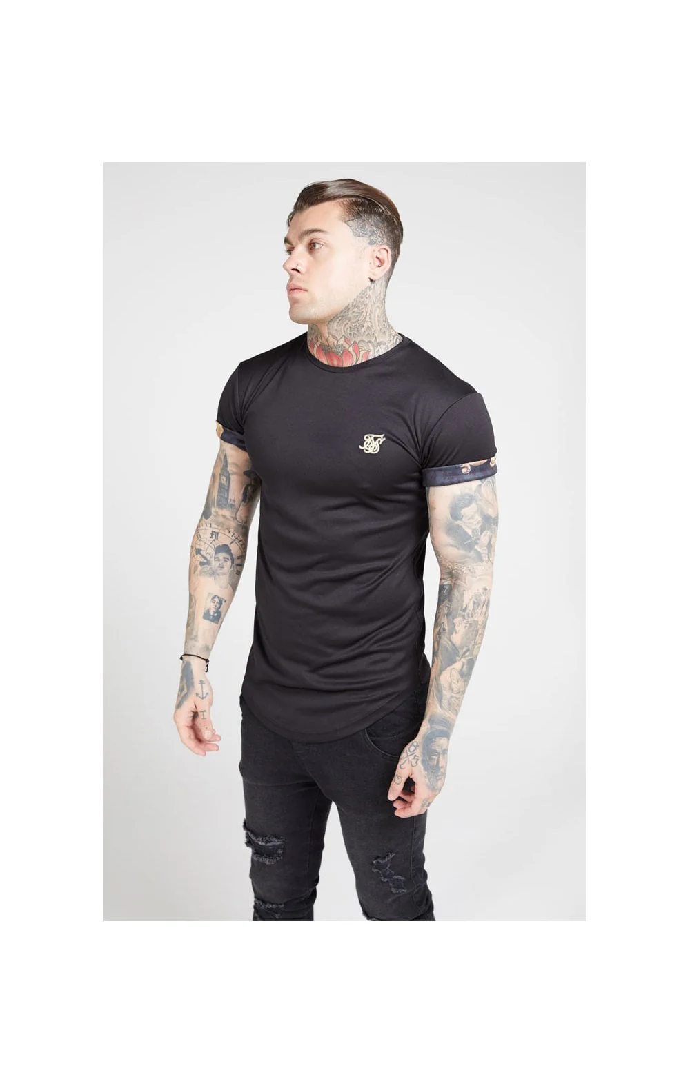 SikSilk S/S Roll Sleeve Tee – Black & Floral Animal