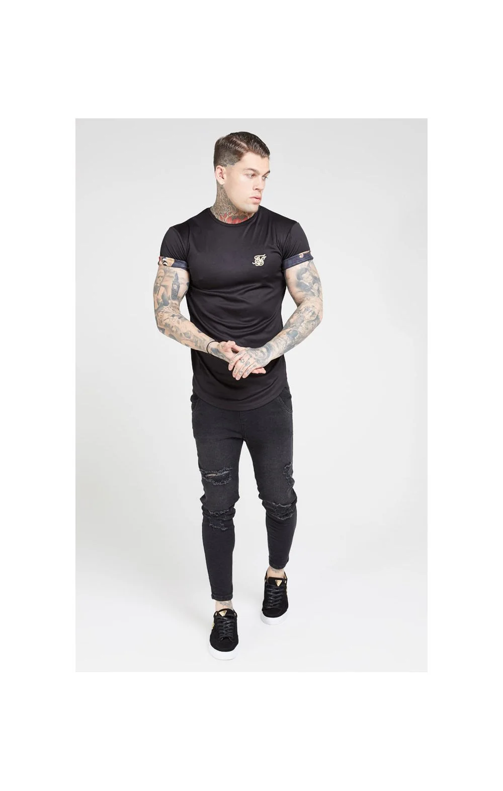 SikSilk S/S Roll Sleeve Tee – Black & Floral Animal - Image 3
