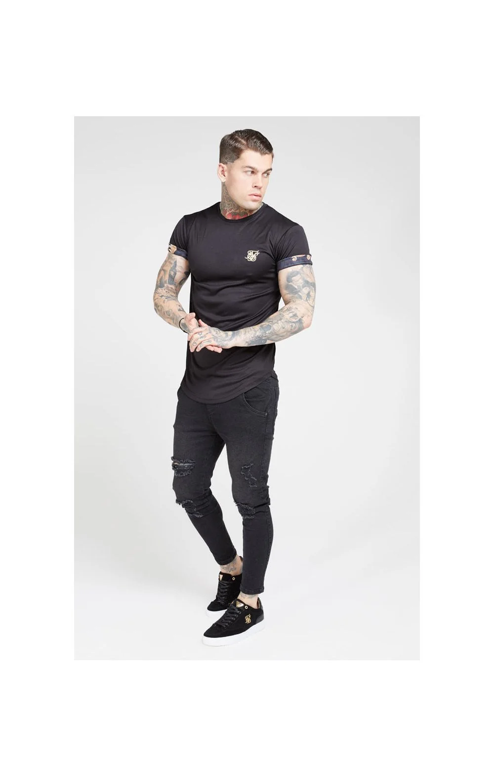 SikSilk S/S Roll Sleeve Tee – Black & Floral Animal - Image 4