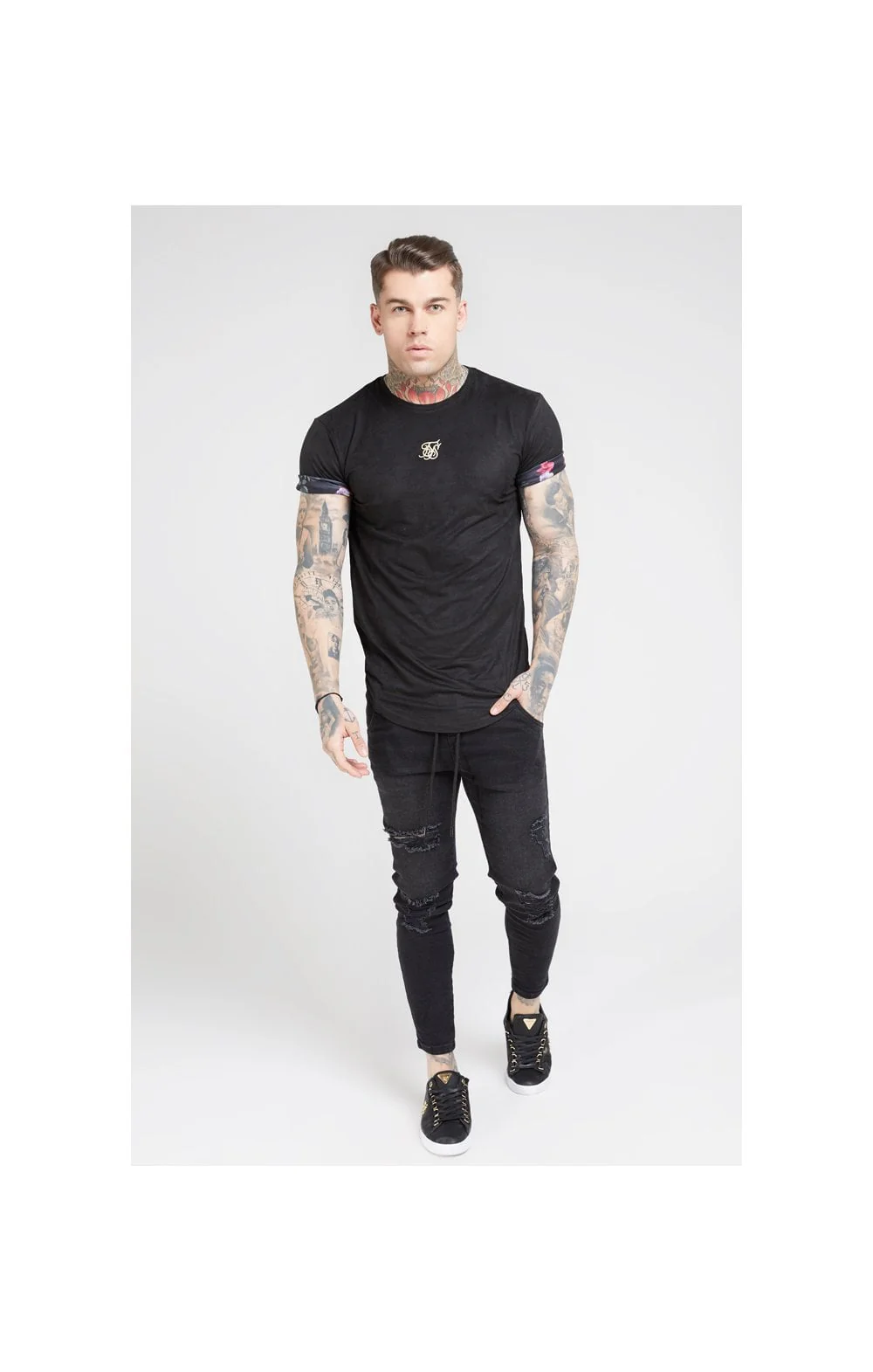 SikSilk S/S Roll Sleeve Tee – Black & Oil Paint - Image 3
