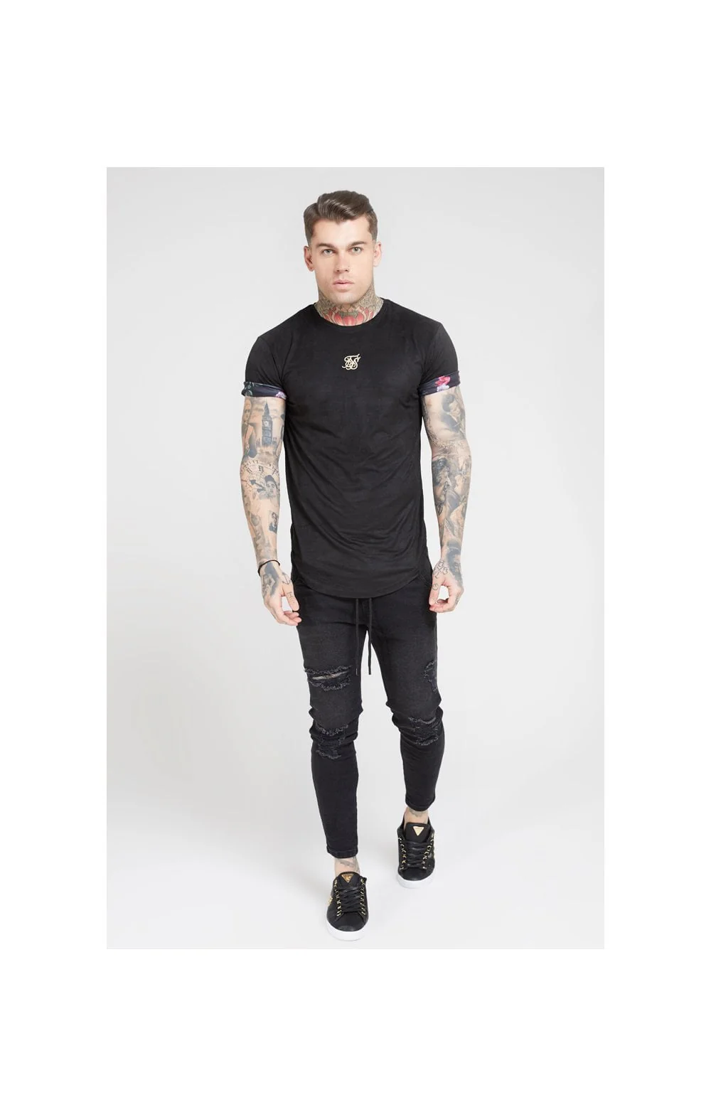 SikSilk S/S Roll Sleeve Tee – Black & Oil Paint - Image 4