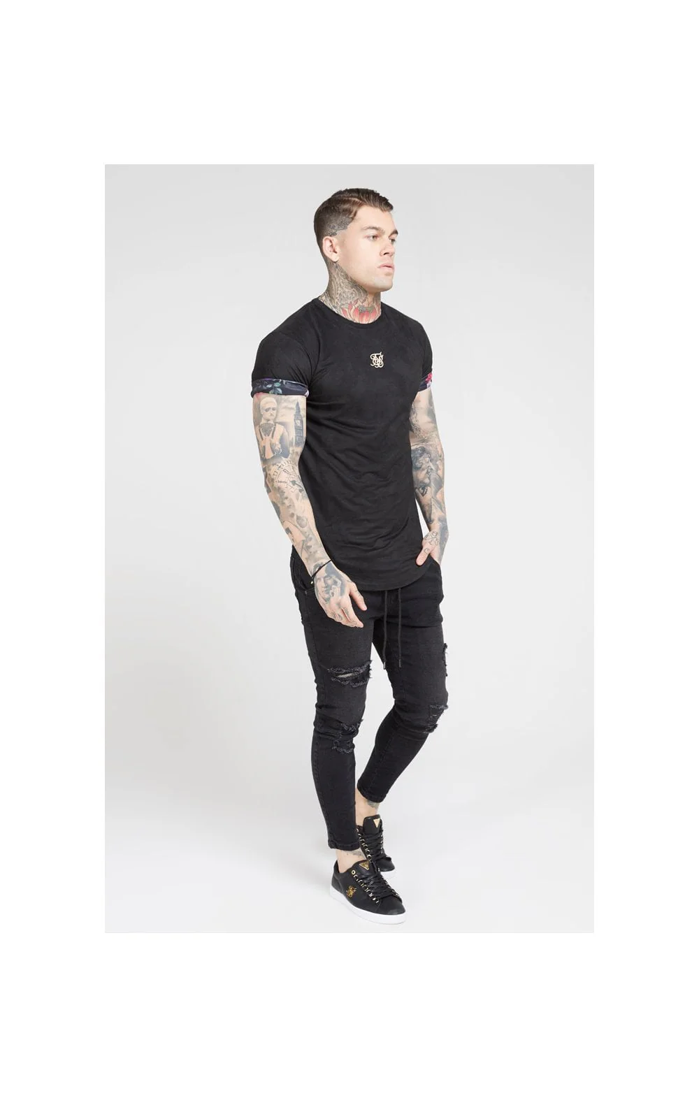 SikSilk S/S Roll Sleeve Tee – Black & Oil Paint - Image 5