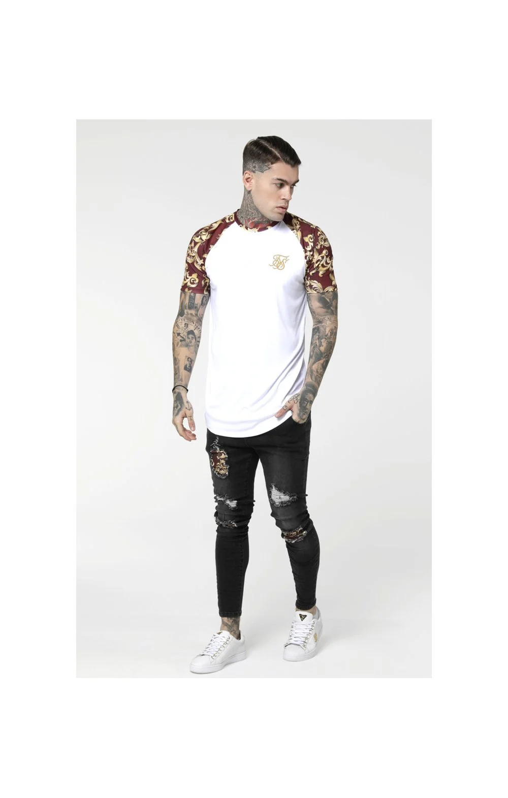 SikSilk S/S Royal Venetian Raglan Gym Tee – White & Burgundy - Image 4
