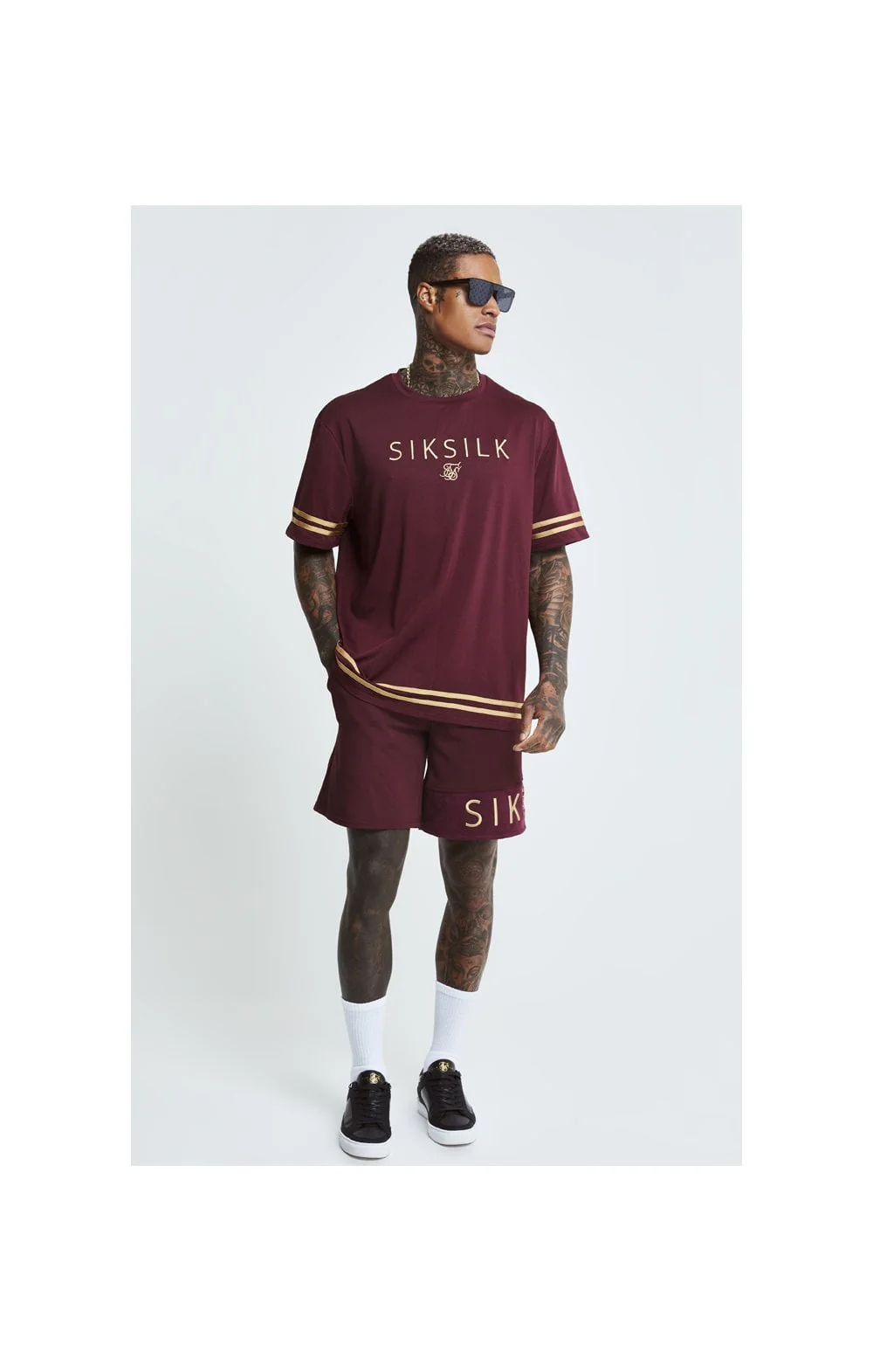 SikSilk S/S Signature Oversize Essentials Tee - Burgundy & Gold - Image 3