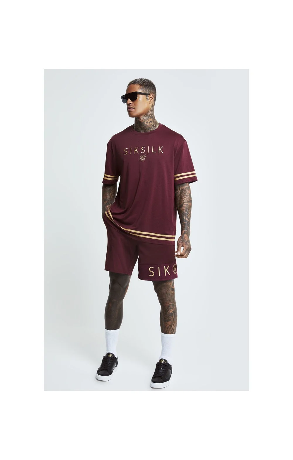 SikSilk S/S Signature Oversize Essentials Tee - Burgundy & Gold - Image 5