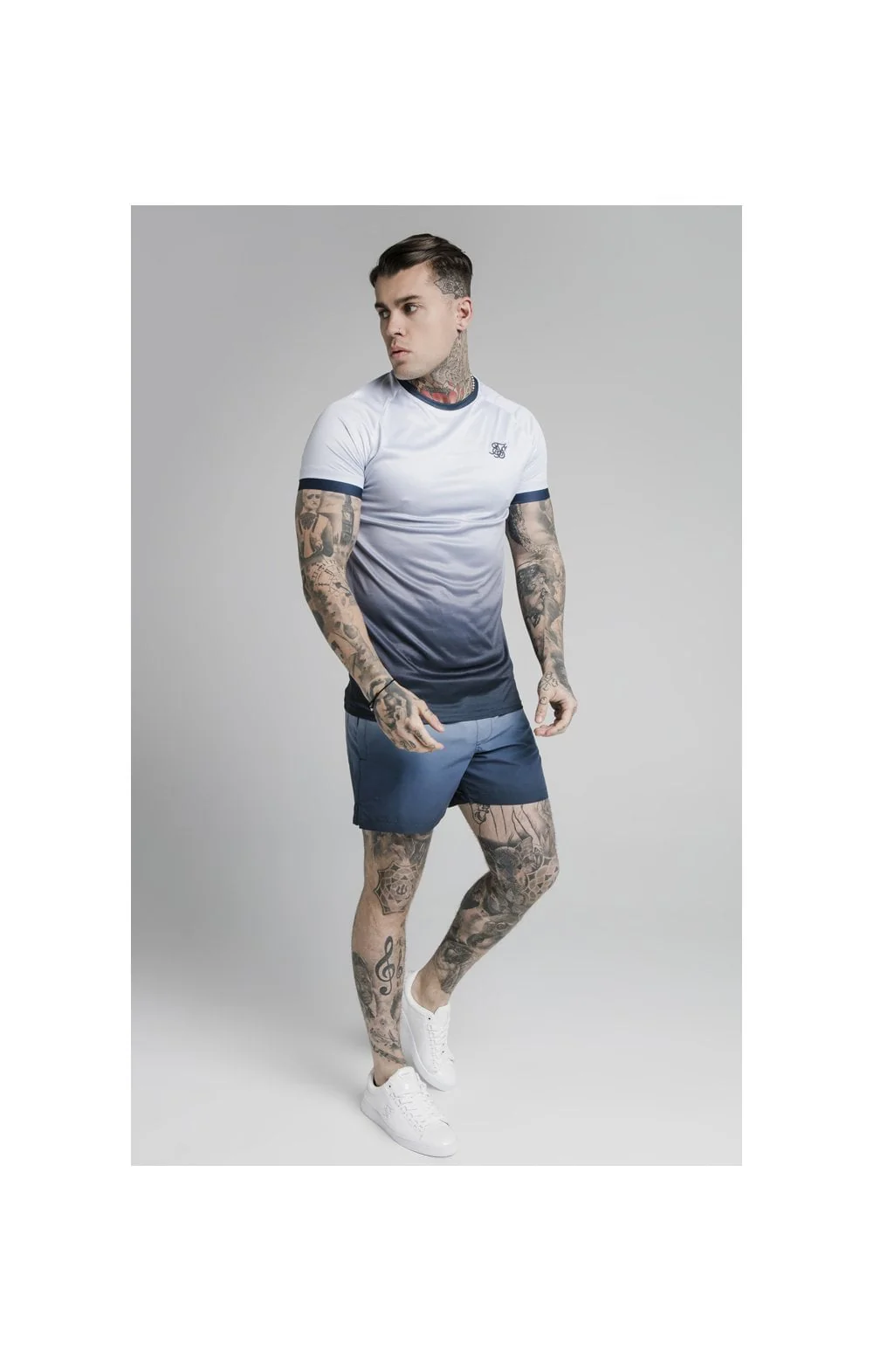 SikSilk S/S Straight Hem Fade Tech Tee - Navy Lilac Fade - Image 4