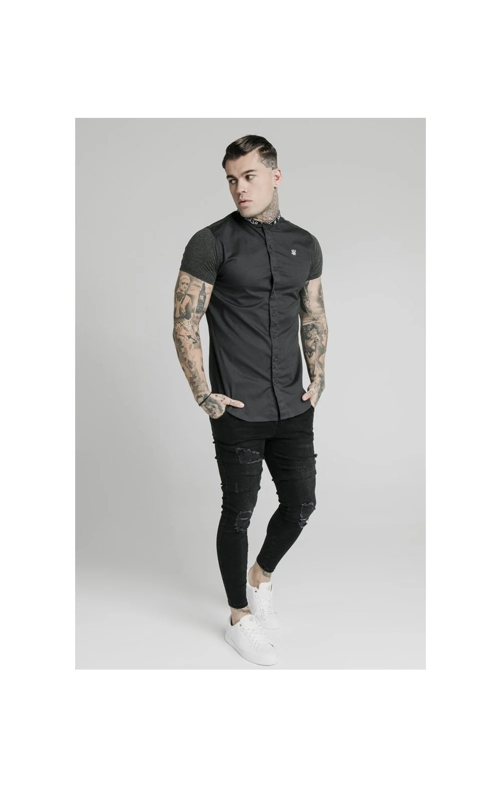 SikSilk S/S Tape Collar Shirt - Dark Grey - Image 4
