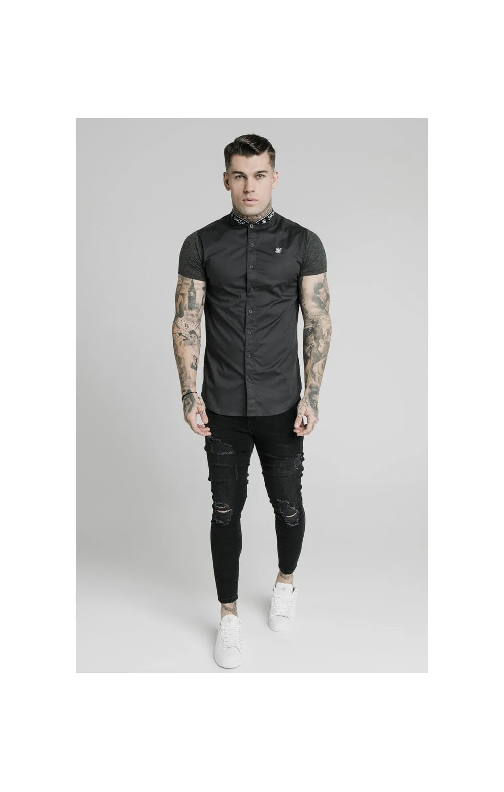 SikSilk S/S Tape Collar Shirt - Dark Grey - Image 5