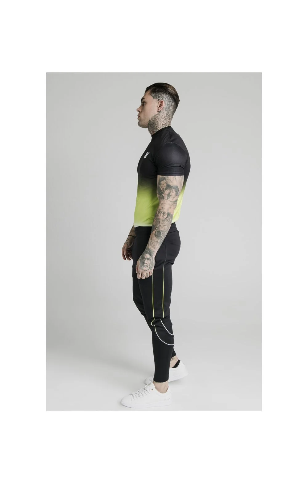 SikSilk S/S Tri Fade Tape Collar Tee - Black,Fluro & White - Image 3