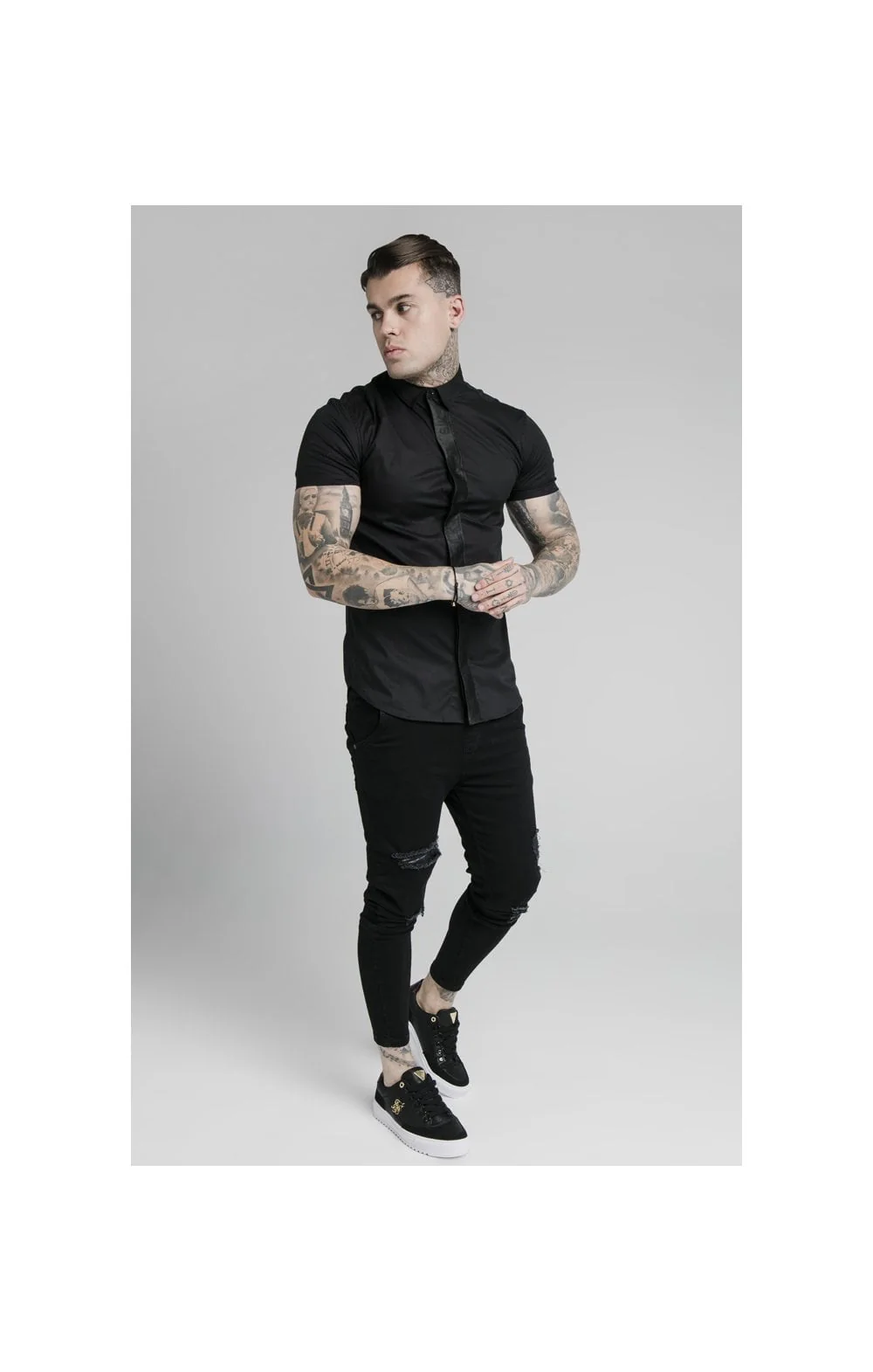 SikSilk S/S Woven Tape Placket Shirt - Black