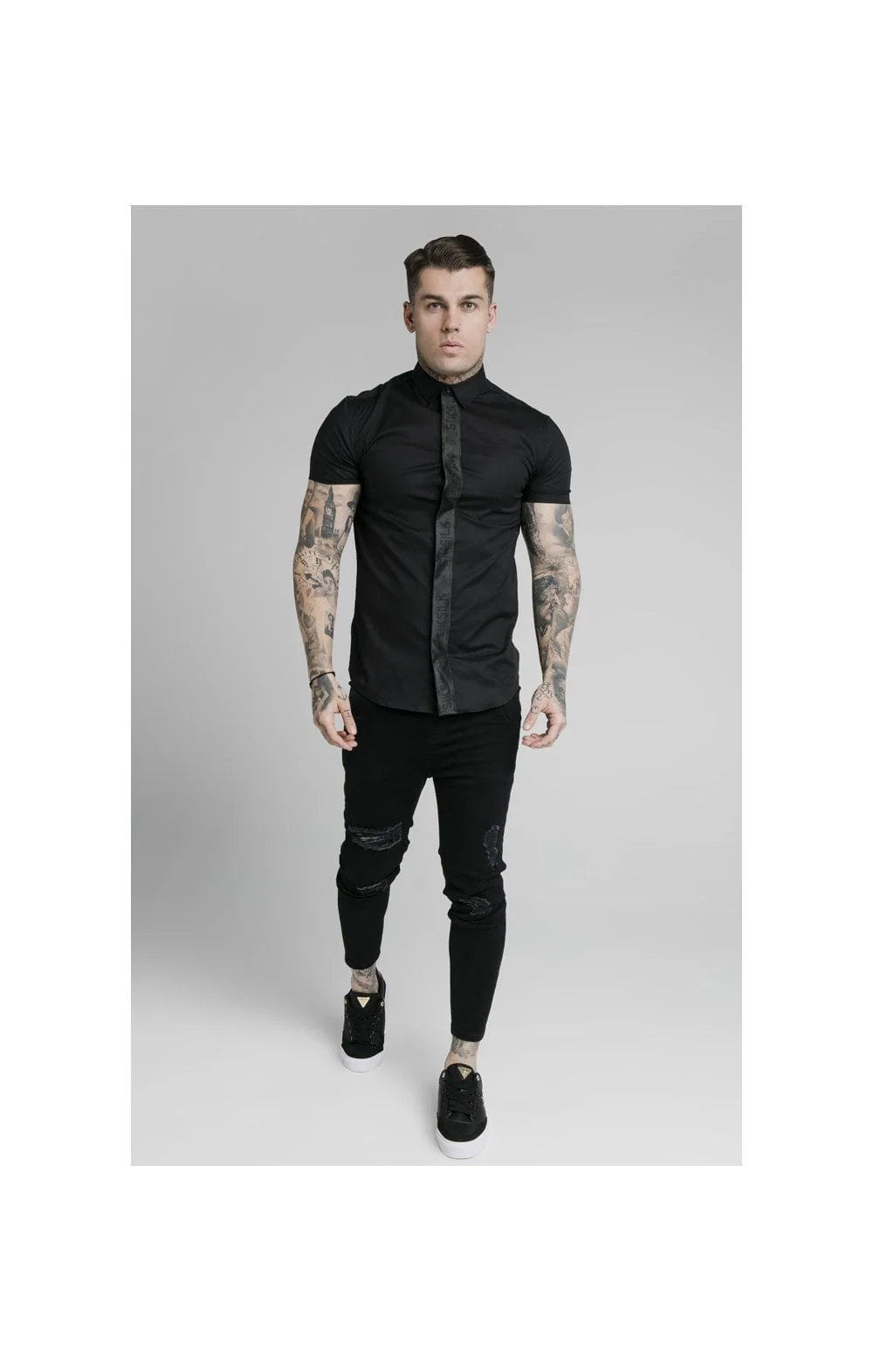 SikSilk S/S Woven Tape Placket Shirt - Black - Image 5
