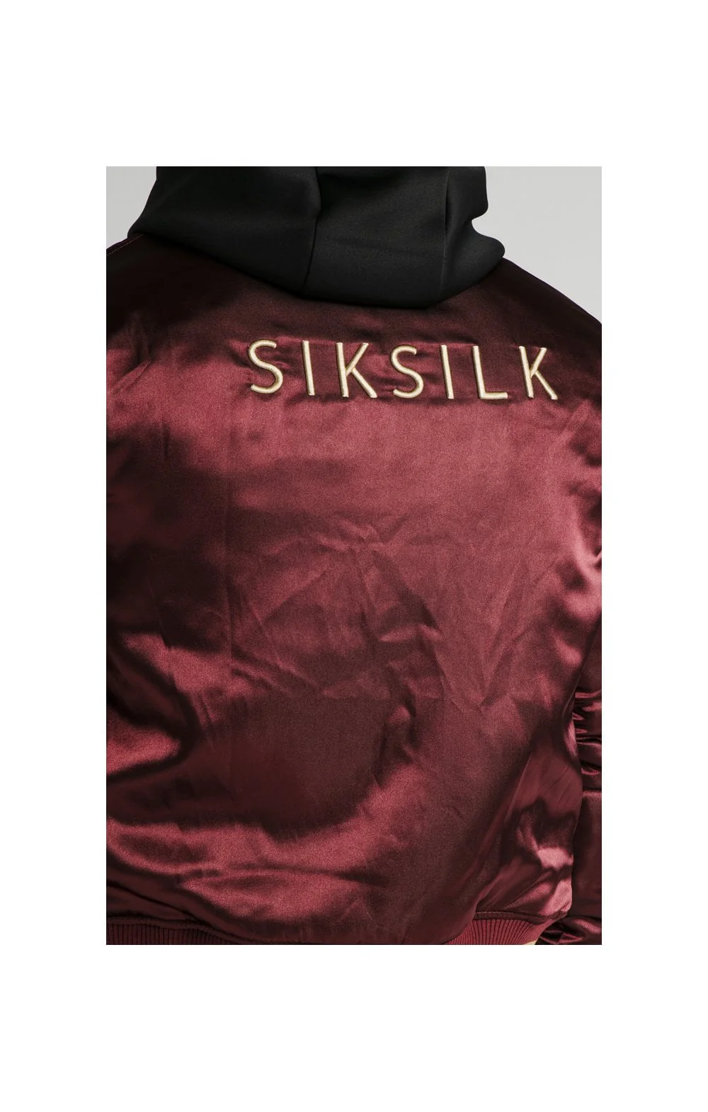 SikSilk Satin Bomber Jacket – Burgundy & Gold - Image 3