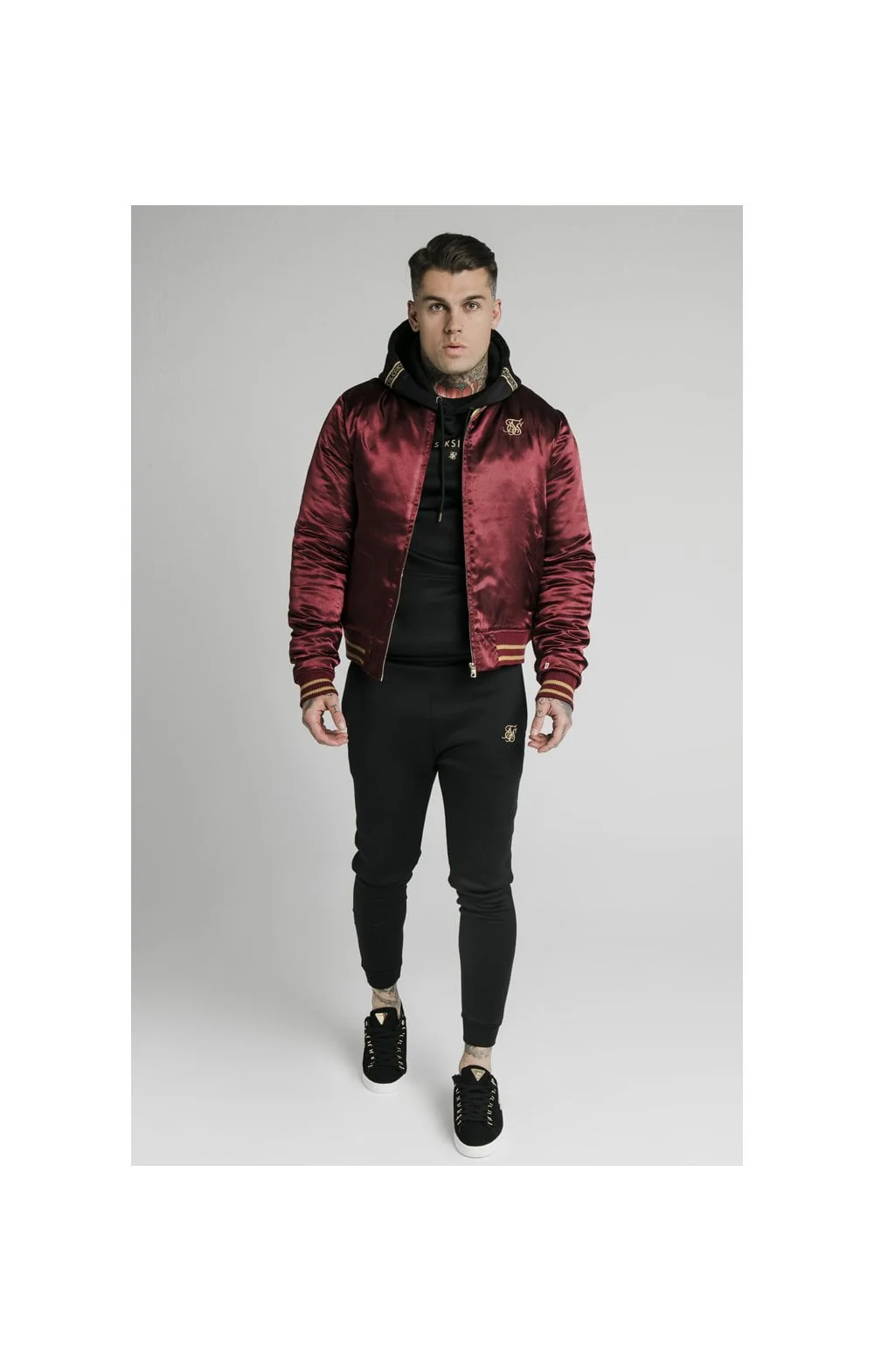SikSilk Satin Bomber Jacket – Burgundy & Gold - Image 4