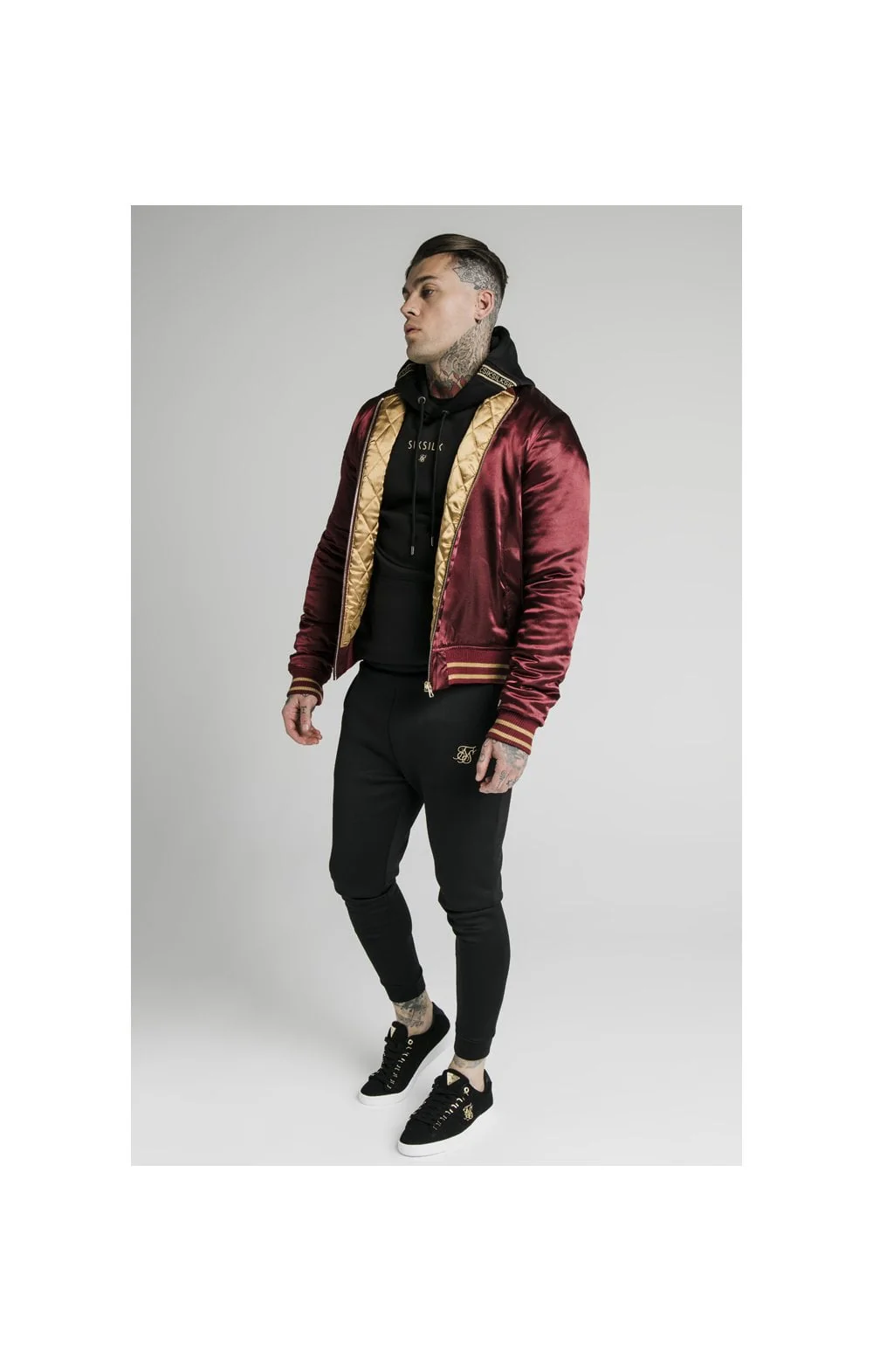 SikSilk Satin Bomber Jacket – Burgundy & Gold - Image 5