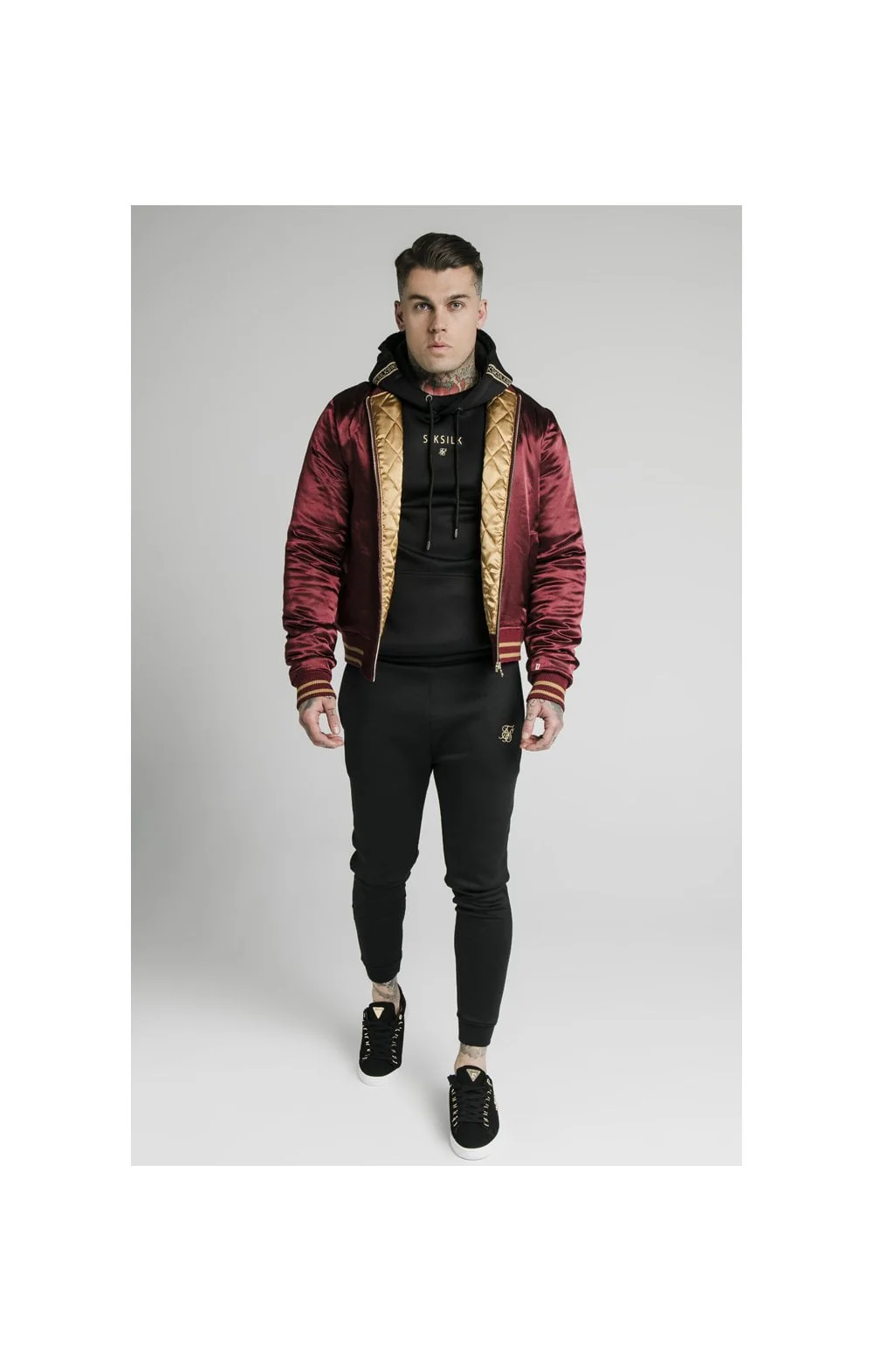 SikSilk Satin Bomber Jacket – Burgundy & Gold - Image 6