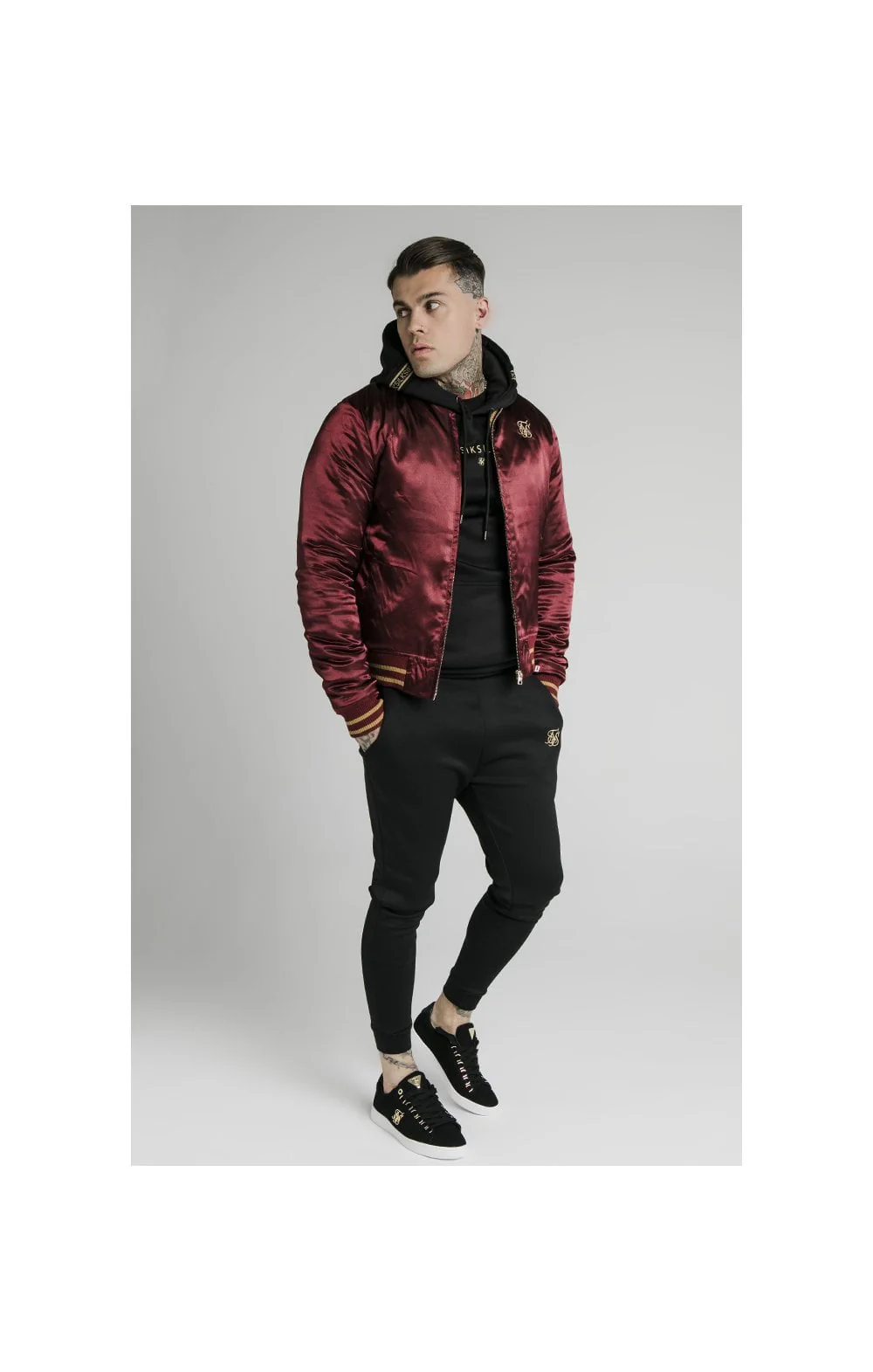 SikSilk Satin Bomber Jacket – Burgundy & Gold - Image 7