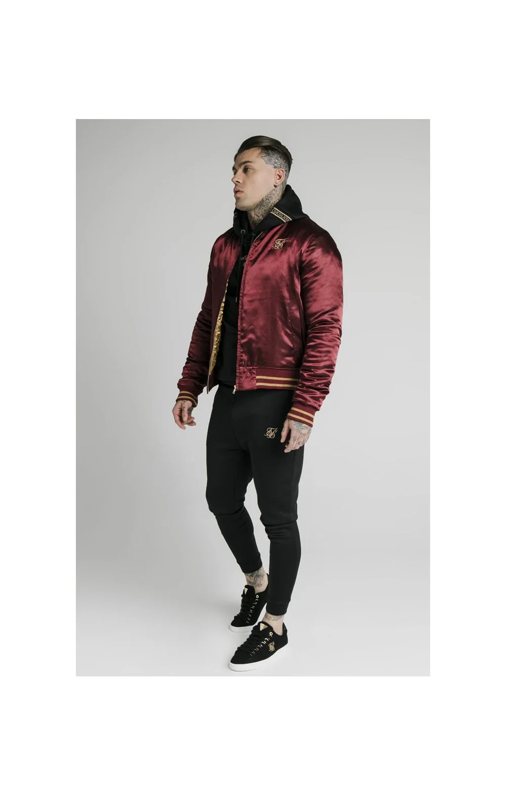 SikSilk Satin Bomber Jacket – Burgundy & Gold - Image 8