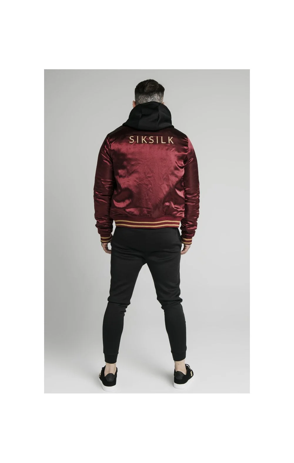 SikSilk Satin Bomber Jacket – Burgundy & Gold - Image 9