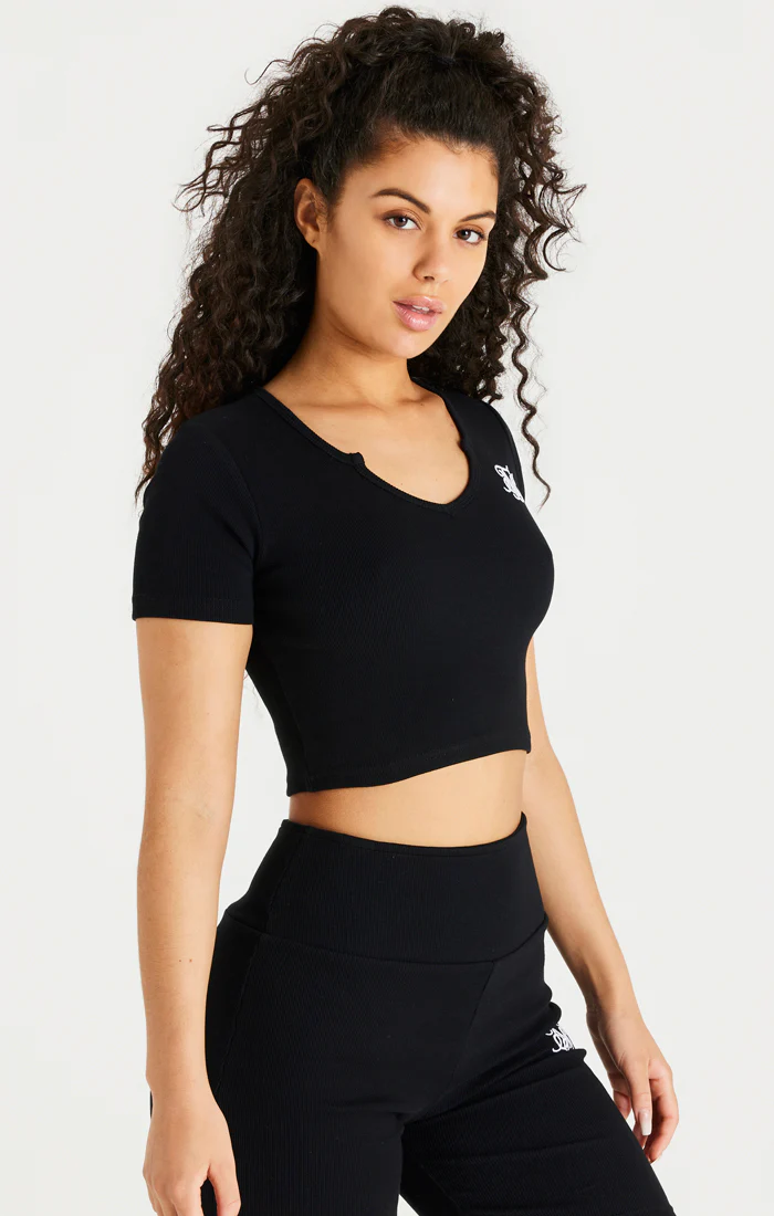 Black Scoop Neck Ribbed Crop T-Shirt - Image 2