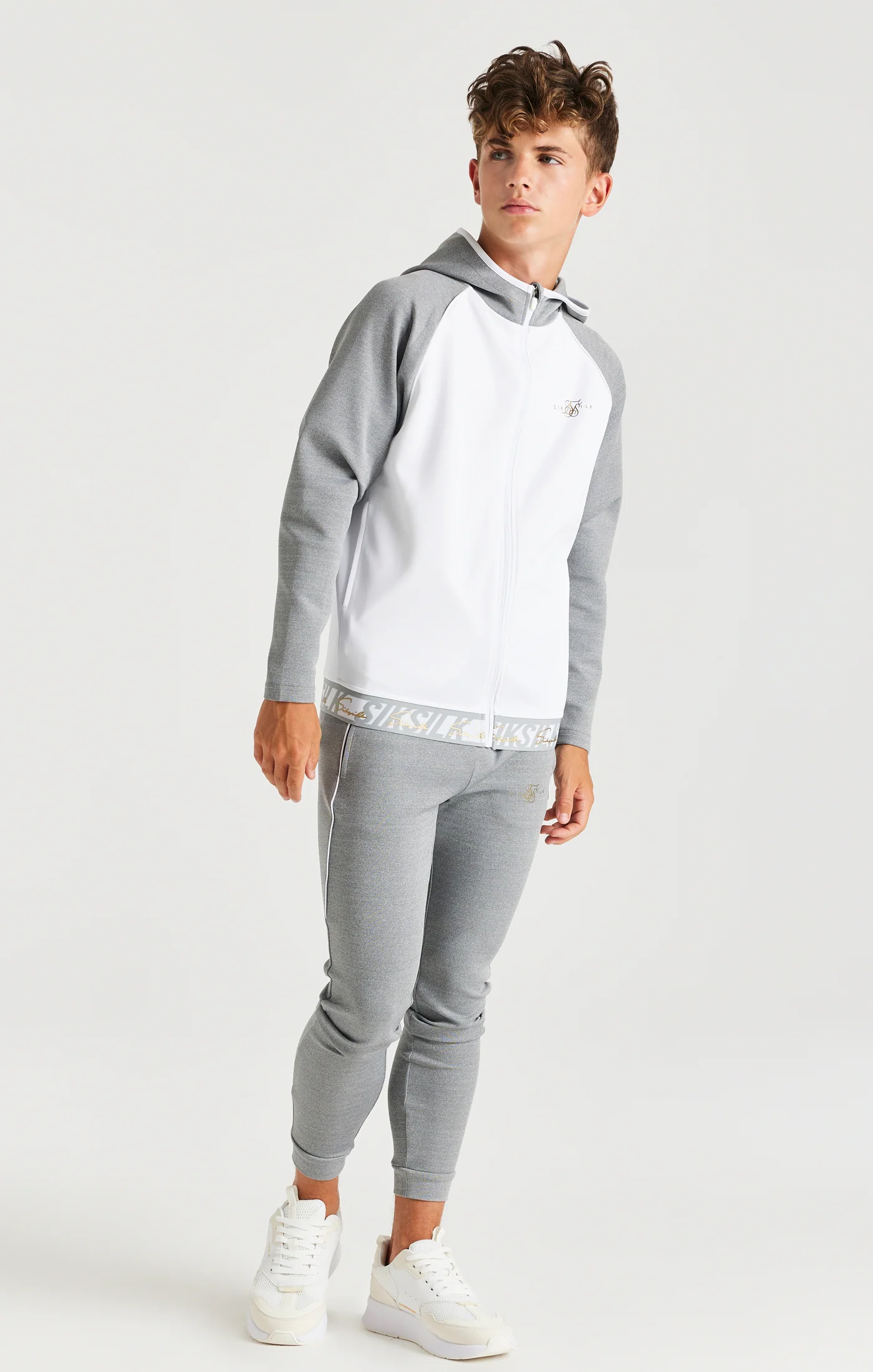SikSilk Scope Signature Tape Zip Through Hoodie - Grey Marl & White - Image 3