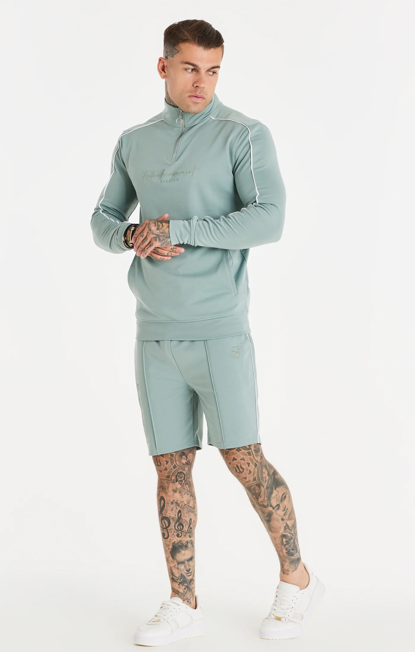 SikSilk Script Quarter Zip Funnel Track Top - Teal - Image 4