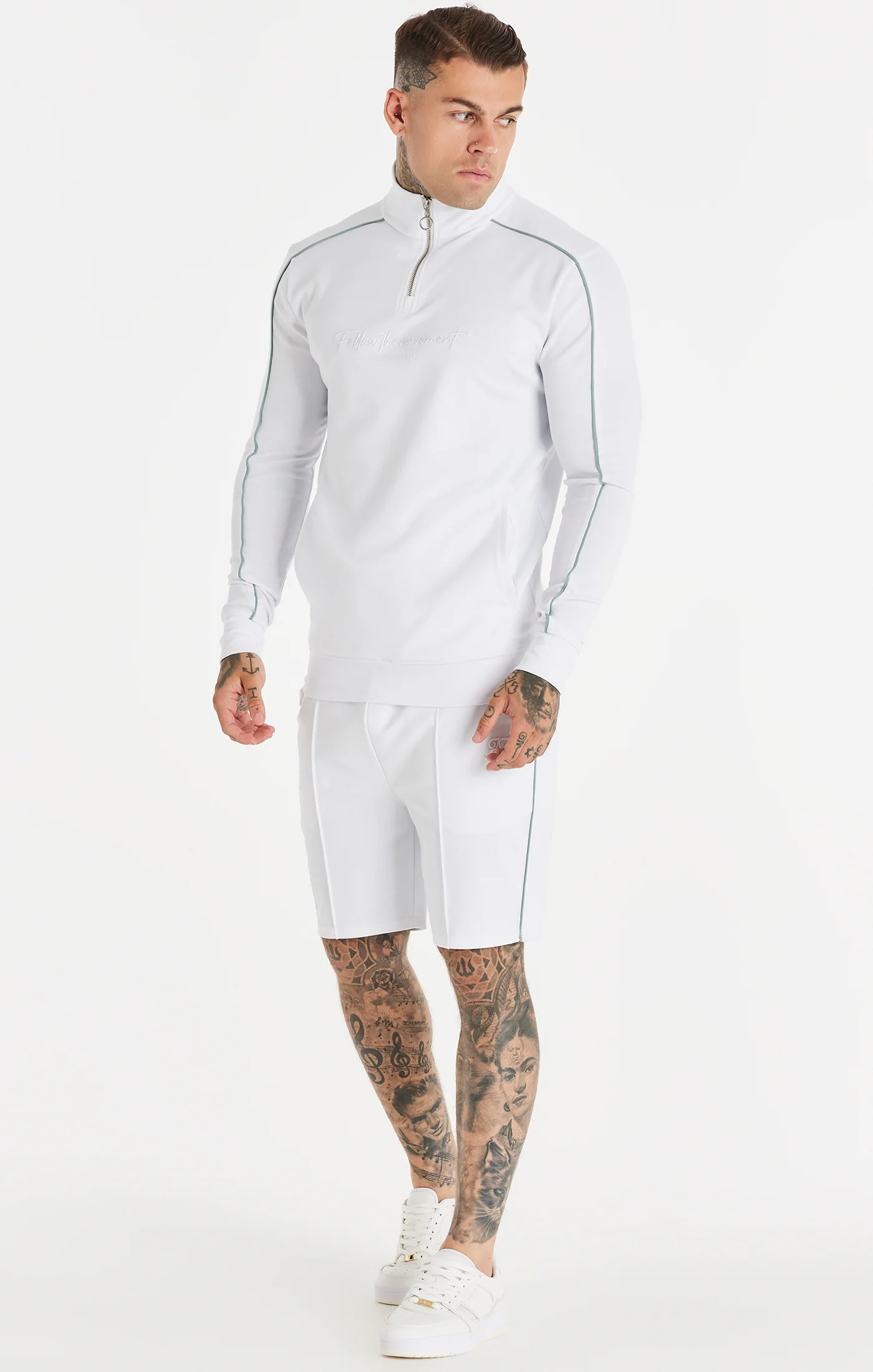SikSilk Script Quarter Zip Funnel Track Top - White - Image 3