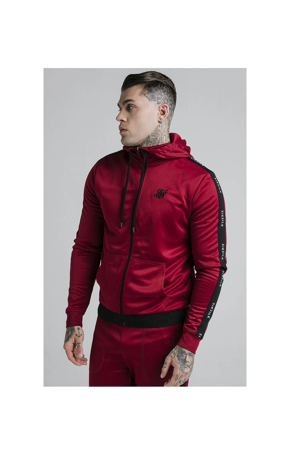 SikSilk Shadow Zip Through Hoodie - Deep Red & Black