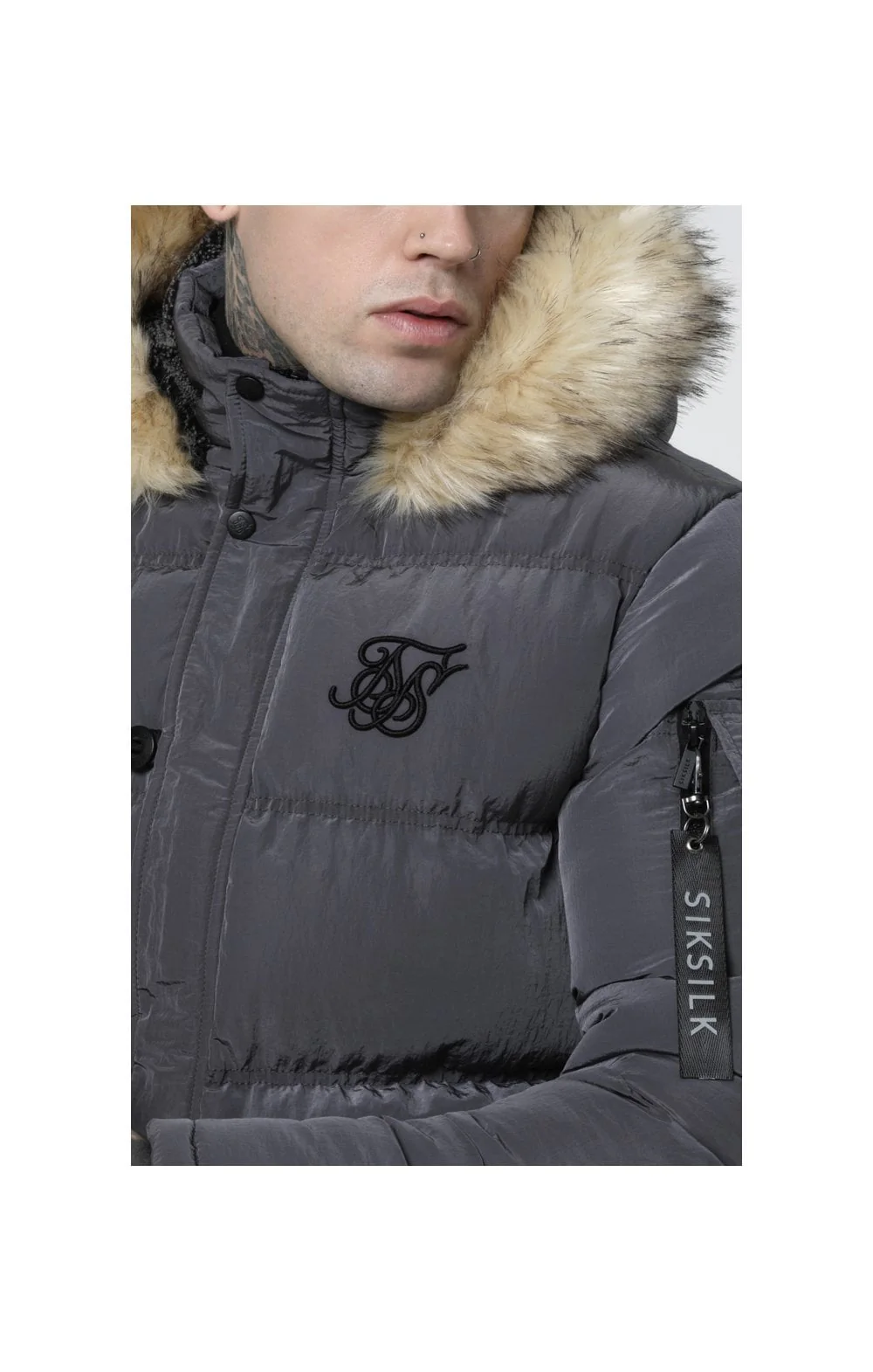 SikSilk Shiny Puff Parka – Grey - Image 2