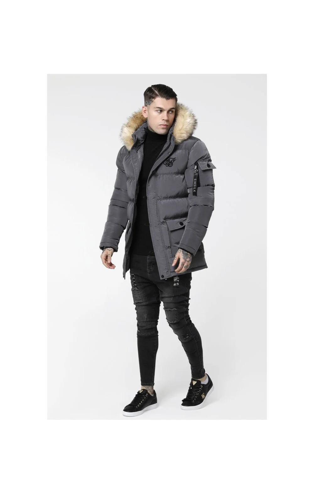 SikSilk Shiny Puff Parka – Grey - Image 3