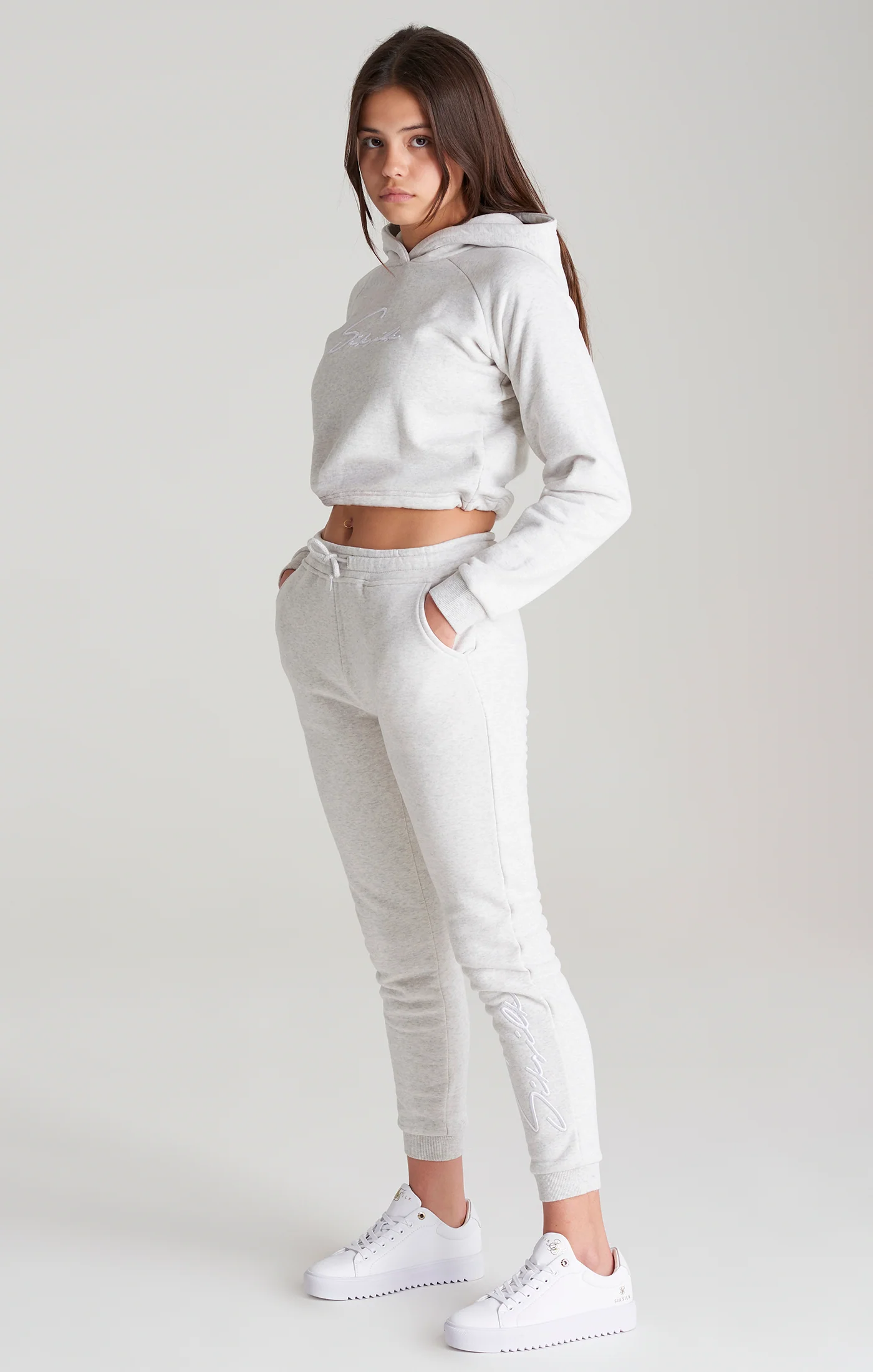 Girls Grey Marl Signature Cropped Hoodie - Image 3