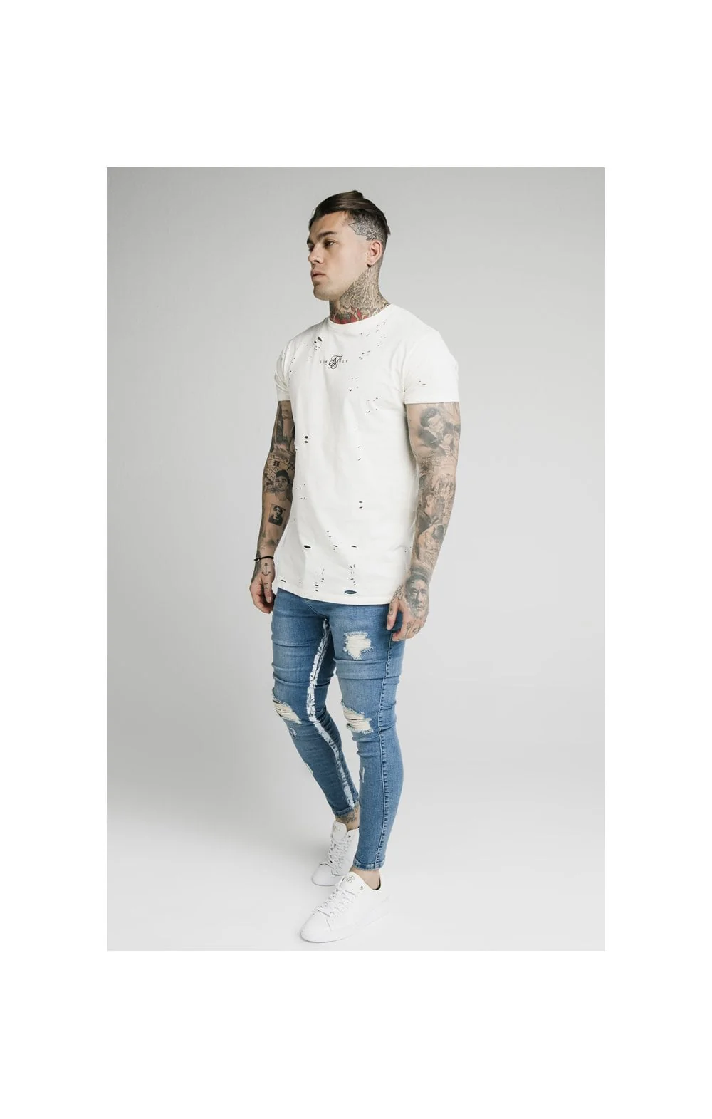 SikSilk Skinny Distressed Paint Stripe Jeans - Midstone & White - Image 4