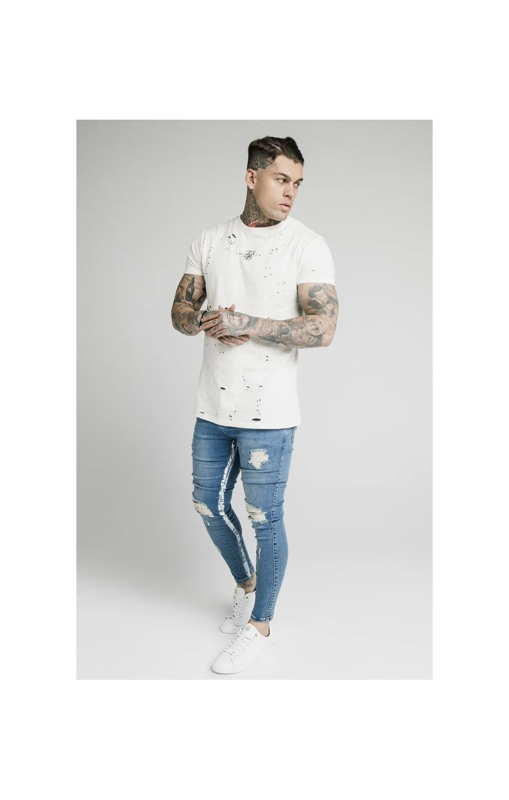 SikSilk Skinny Distressed Paint Stripe Jeans - Midstone & White - Image 5