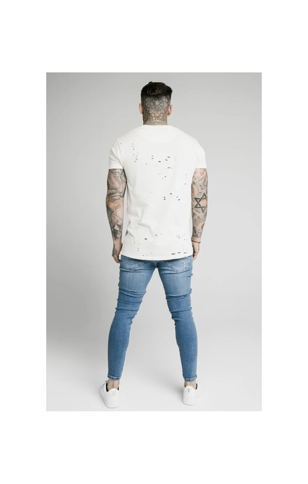 SikSilk Skinny Distressed Paint Stripe Jeans - Midstone & White - Image 6