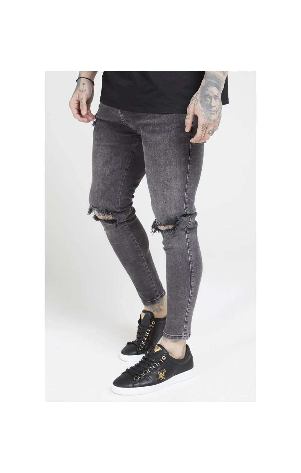 SikSilk Skinny Distressed Slice Knee Denims - Dark Grey