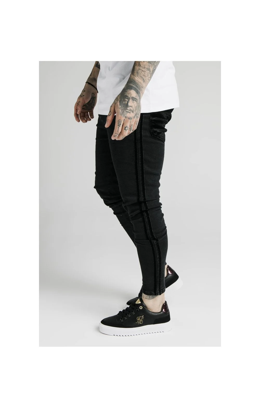 SikSilk Skinny Velour Stripe Jeans – Black - Image 2