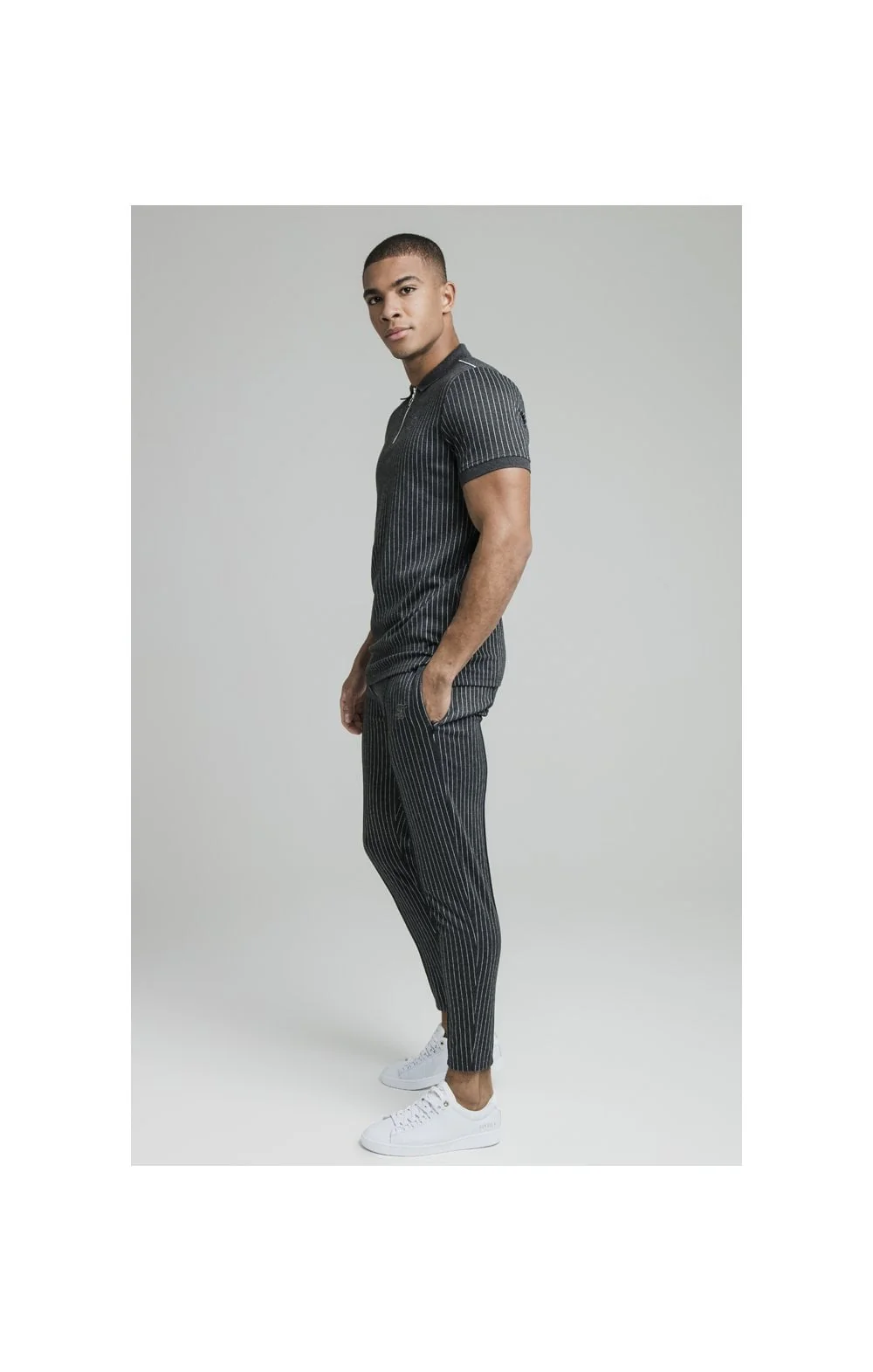Grey Smart Pinstripe Polo Shirt - Image 3